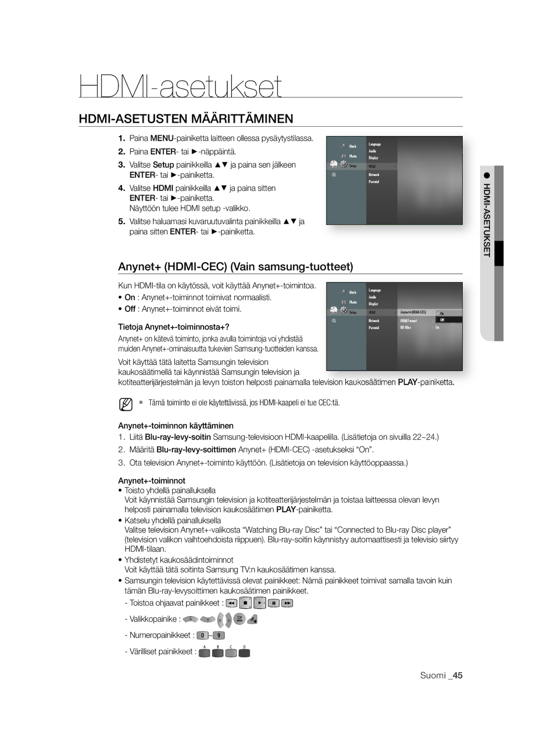 Samsung BD-P1600A/XEE manual HDMI-asetukset, HdMi-asEtustEN MÄÄrittÄMiNEN, Anynet+ HdMi-CEC Vain samsung-tuotteet, Suomi  