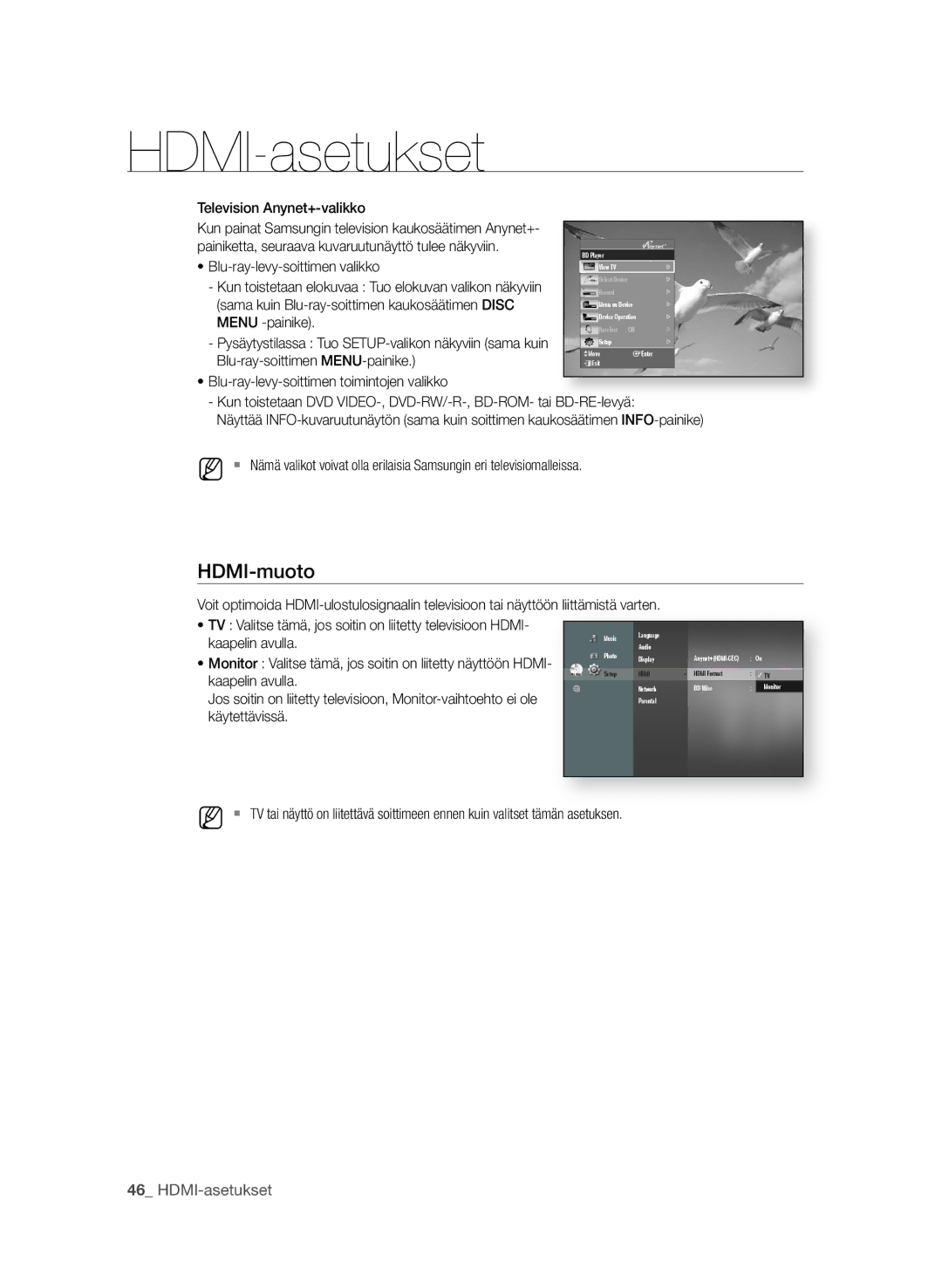 Samsung BD-P1650A/XEE, BD-P1600A/XEE manual  HDMI-asetukset, Television anynet+-valikko, Kaapelin avulla 