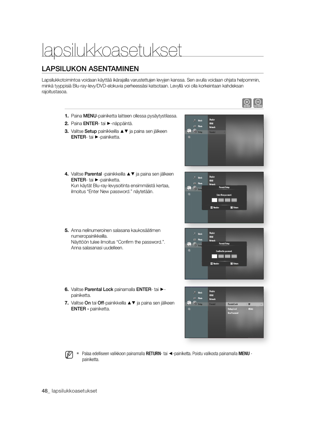 Samsung BD-P1650A/XEE, BD-P1600A/XEE manual Lapsilukkoasetukset, LaPsiLuKoN asENtaMiNEN,  lapsilukkoasetukset 