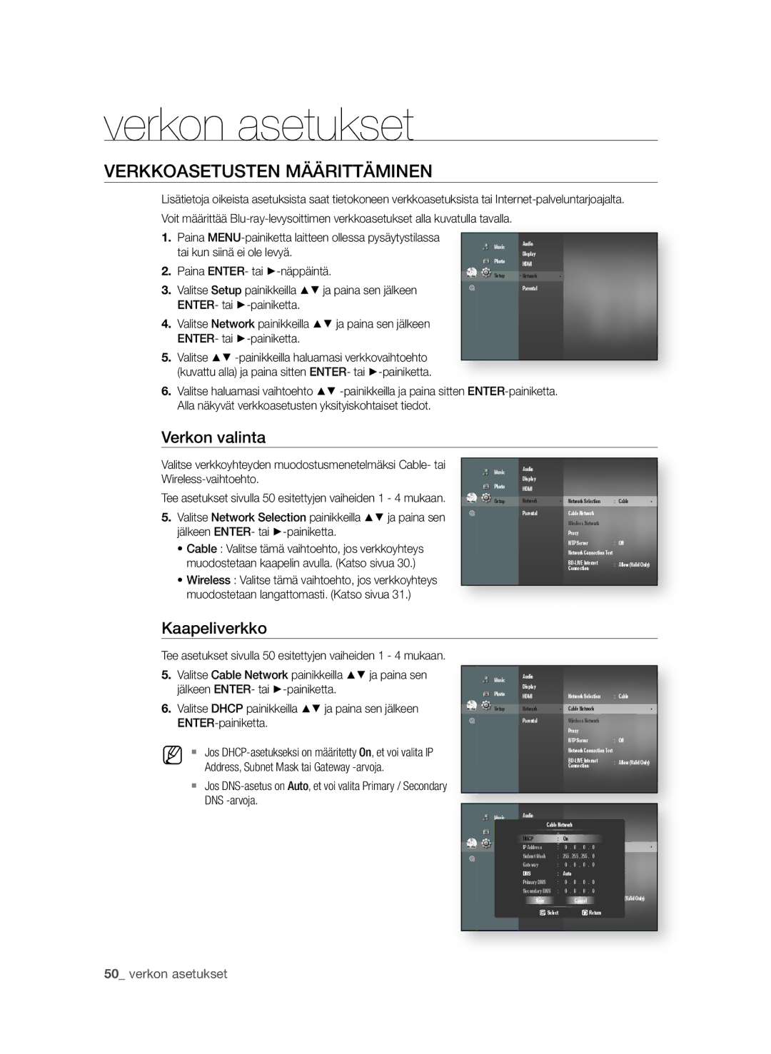 Samsung BD-P1650A/XEE, BD-P1600A/XEE Verkon asetukset, VErKKoasEtustEN MÄÄrittÄMiNEN, Verkon valinta, 0 verkon asetukset 