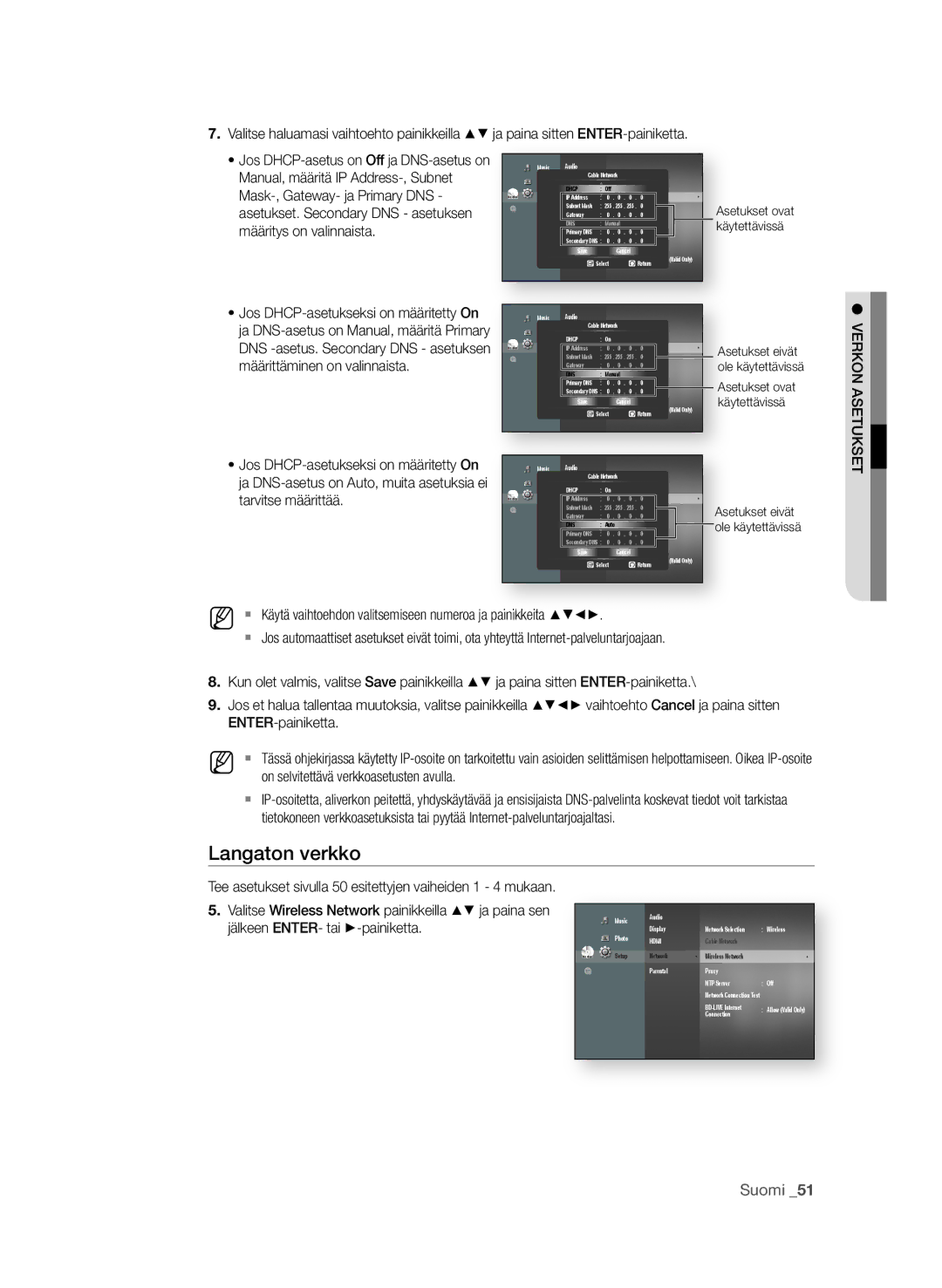 Samsung BD-P1600A/XEE Manual, määritä IP Address-, Subnet, Mask-, Gateway- ja Primary DNS, Määrittäminen on valinnaista 