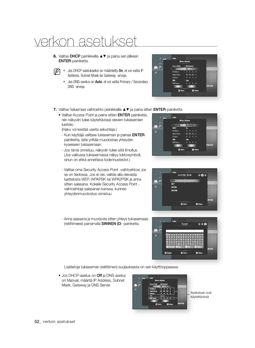 Samsung BD-P1650A/XEE manual 2 verkon asetukset, ENtEr-painiketta, Address, Subnet Mask tai Gateway -arvoja, DNS -arvoja 