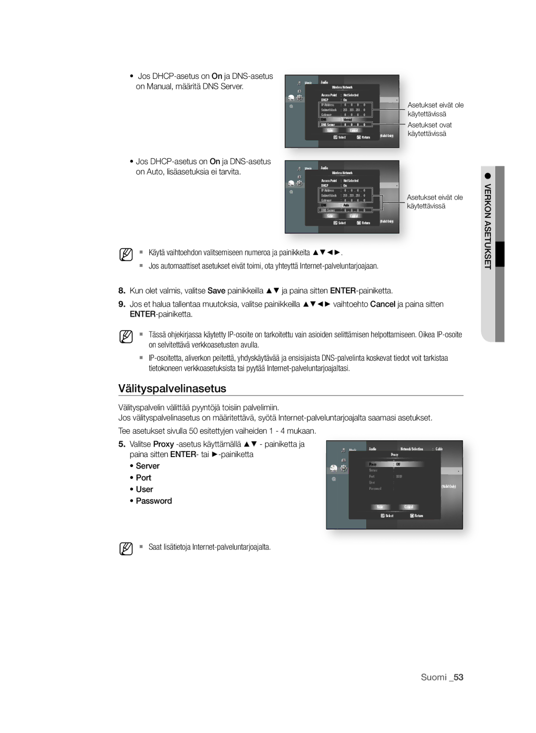 Samsung BD-P1600A/XEE, BD-P1650A/XEE manual Välityspalvelinasetus 