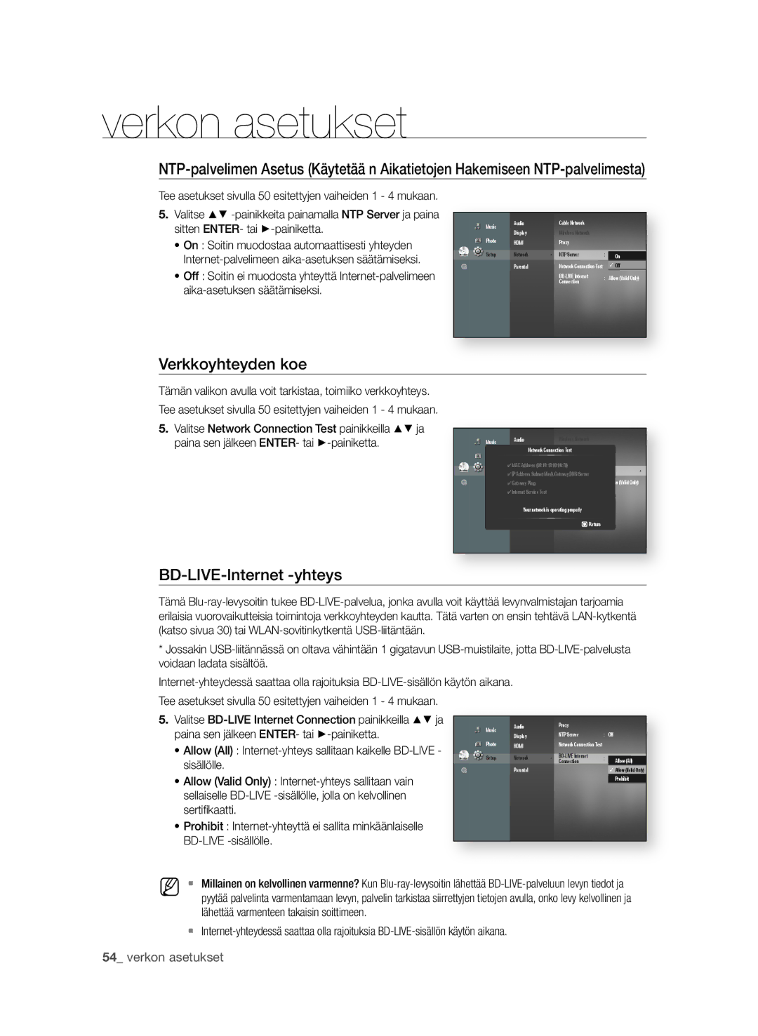 Samsung BD-P1650A/XEE Verkkoyhteyden koe, Bd-LiVE-internet -yhteys,  verkon asetukset, Sitten ENtEr- tai +-painiketta 