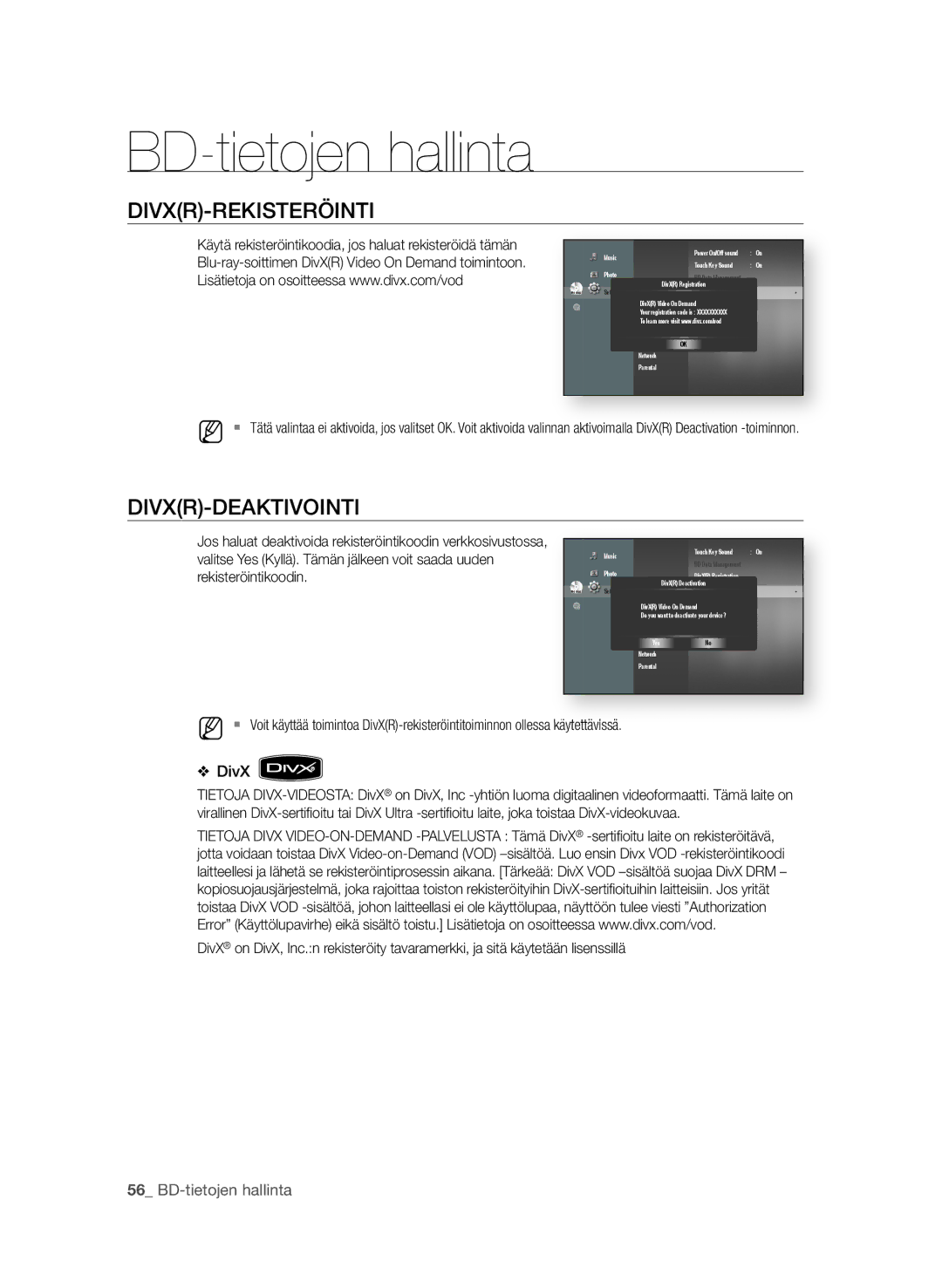 Samsung BD-P1650A/XEE, BD-P1600A/XEE manual DiVXr-rEKistErÖiNti, DiVXr-dEaKtiVoiNti,  BD-tietojen hallinta 