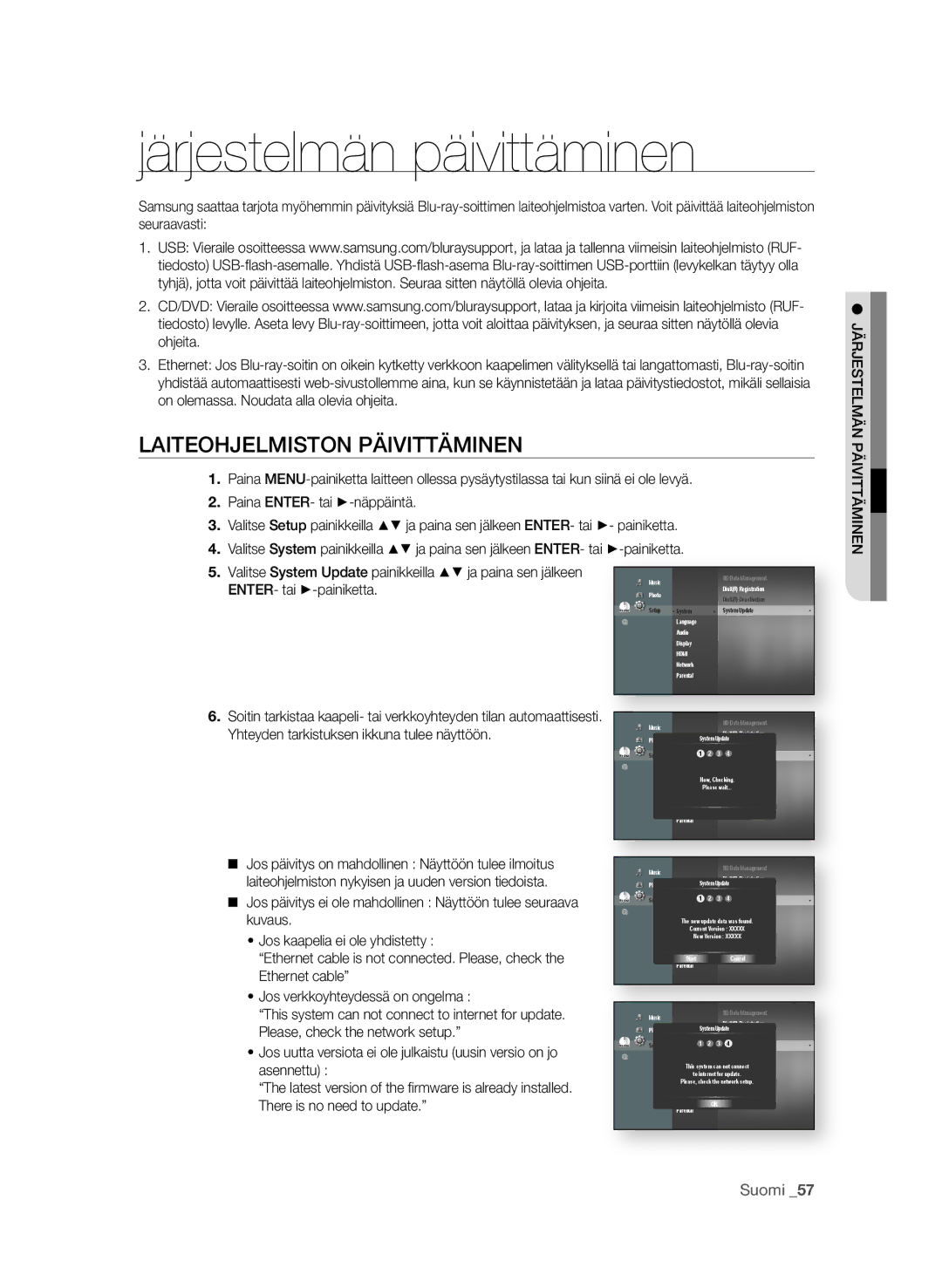 Samsung BD-P1600A/XEE manual Järjestelmän päivittäminen, LaitEoHjELMistoN PÄiVittÄMiNEN, JÄrjEstELMÄN PÄiVittÄMiNEN 