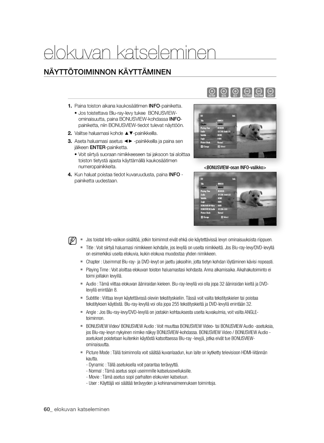 Samsung BD-P1650A/XEE, BD-P1600A/XEE manual Elokuvan katseleminen, NÄyttÖtoiMiNNoN KÄyttÄMiNEN, 0 elokuvan katseleminen 