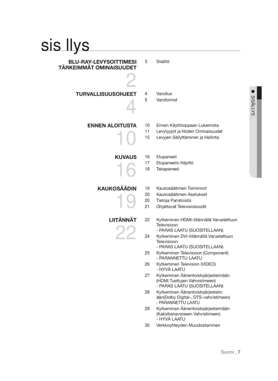 Samsung BD-P1600A/XEE, BD-P1650A/XEE manual Sisällys, Paras Laatu Suositellaan, Parannettu Laatu, Hyvä Laatu 