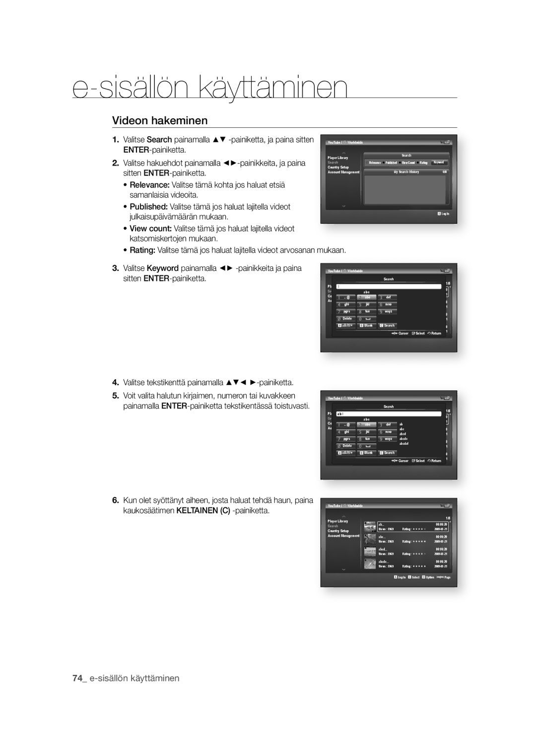 Samsung BD-P1650A/XEE, BD-P1600A/XEE manual Videon hakeminen,  e-sisällön käyttäminen, Sitten ENtEr-painiketta 