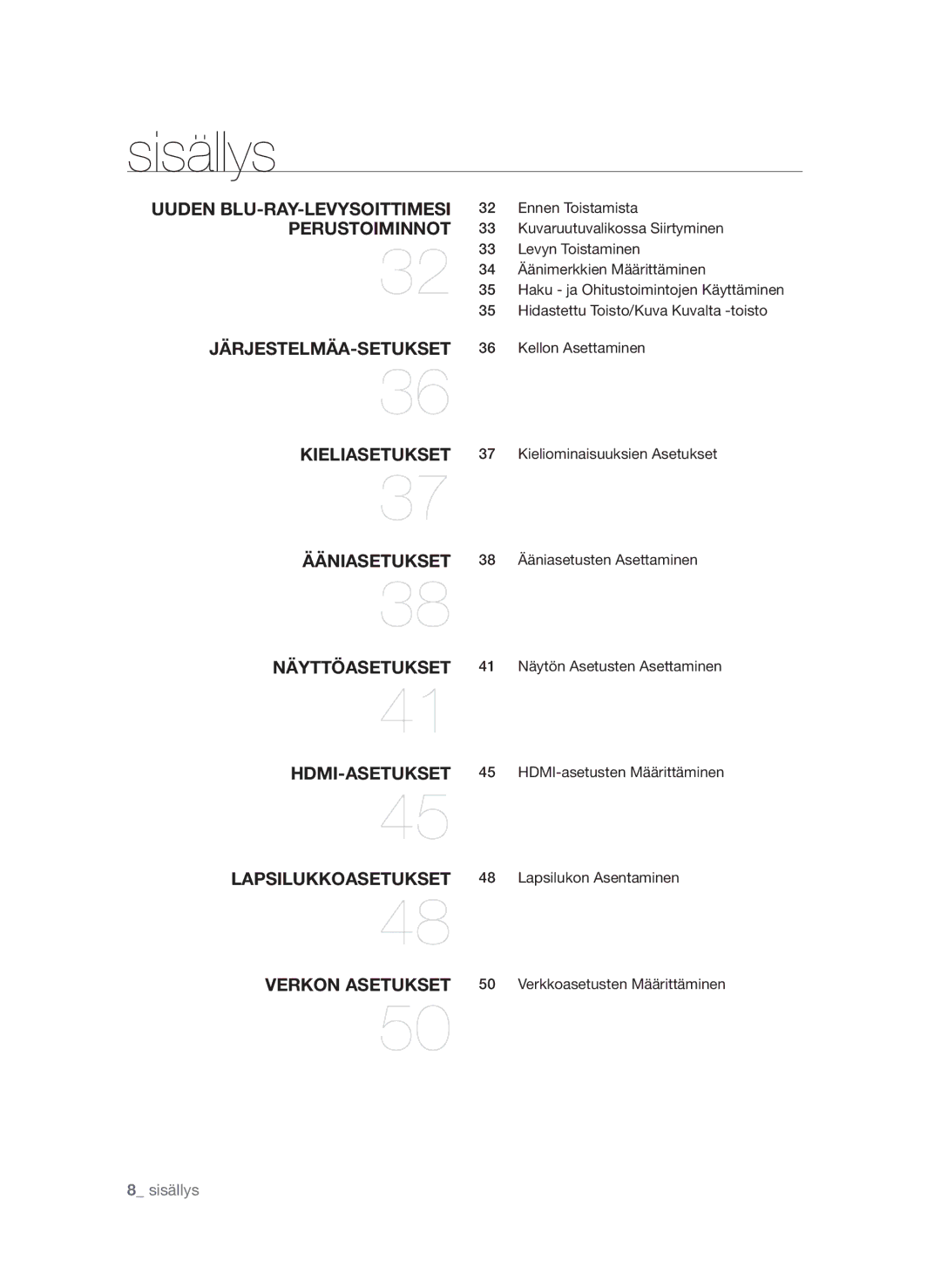 Samsung BD-P1650A/XEE, BD-P1600A/XEE manual  sisällys 