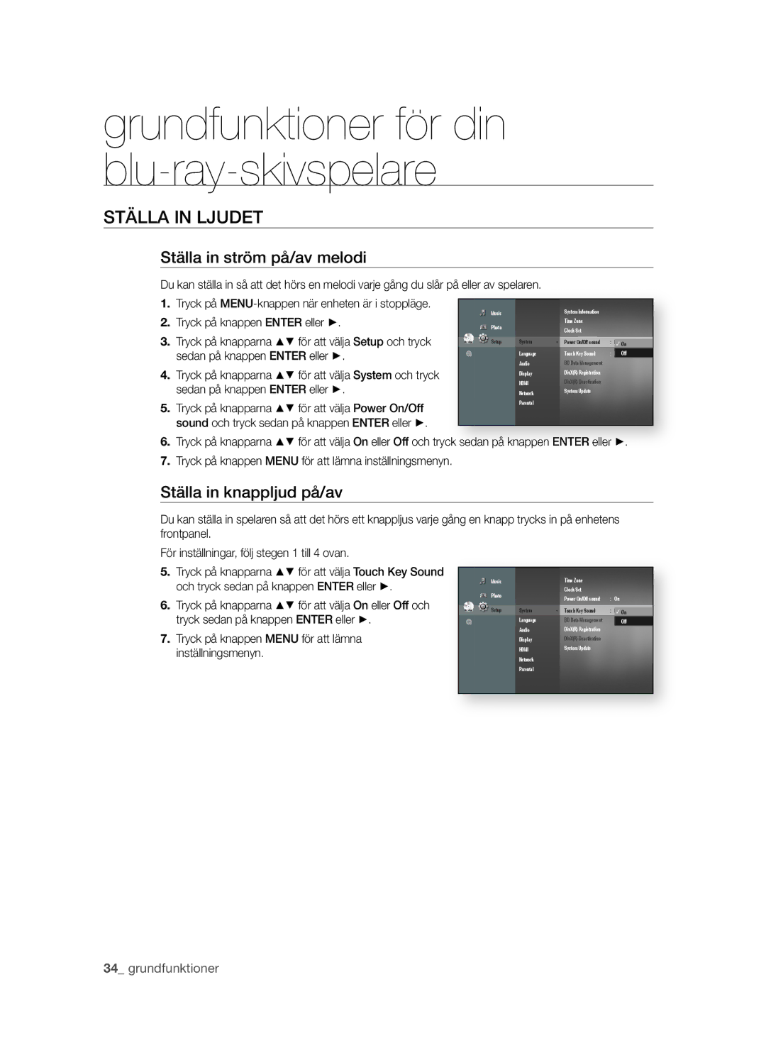 Samsung BD-P1650A/XEE manual STÄLLa in LjUdET, Ställa in ström på/av melodi, Ställa in knappljud på/av,  grundfunktioner 