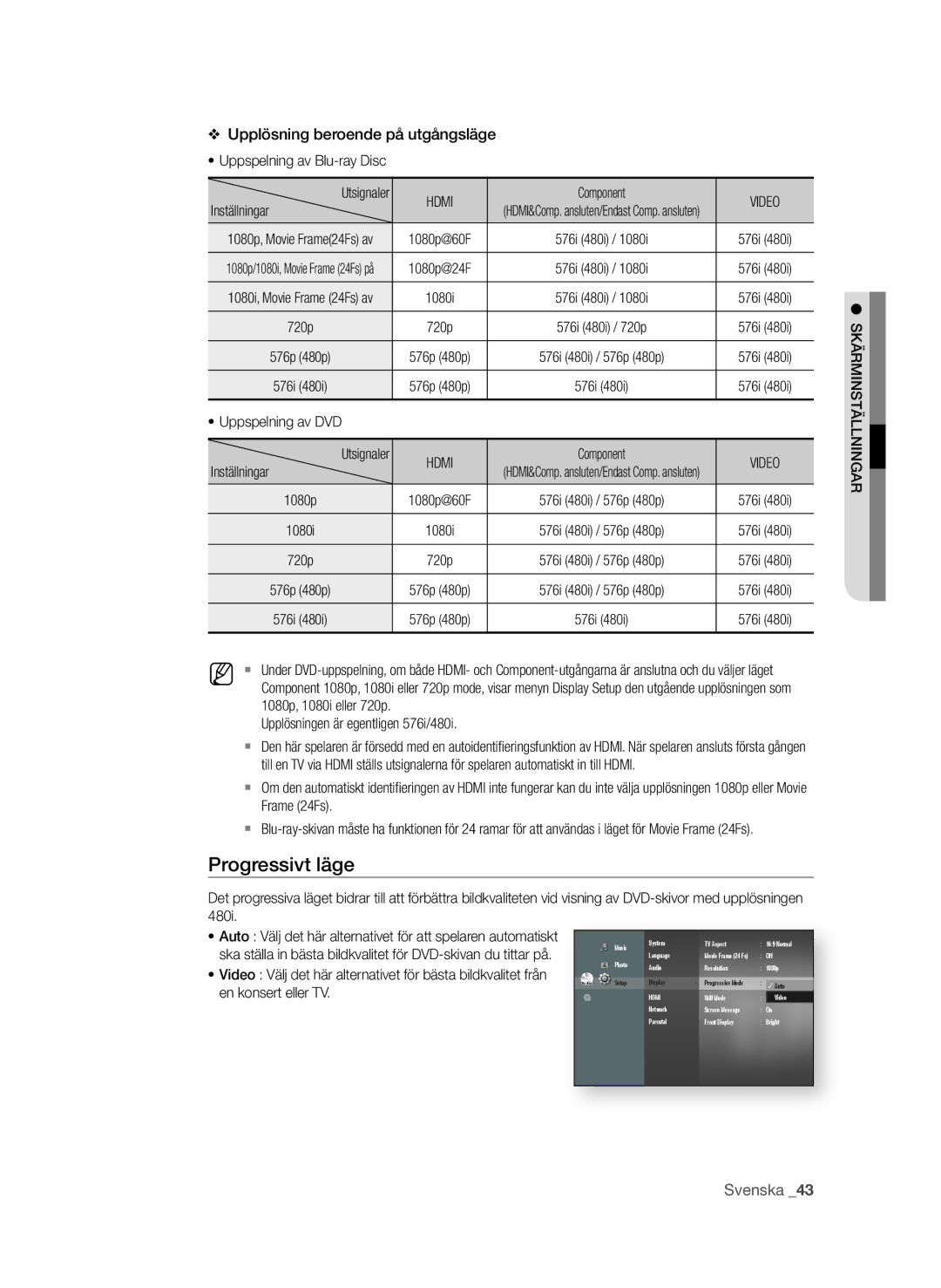 Samsung BD-P1600A/XEE, BD-P1650A/XEE manual Progressivt läge, Svenska 3, Hdmi, Video, En konsert eller TV 