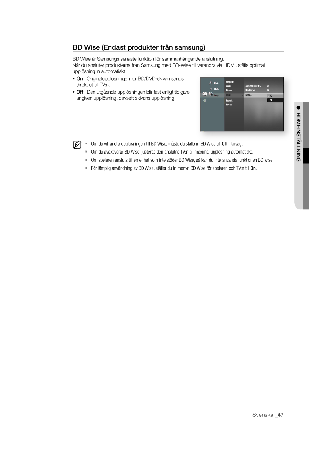 Samsung BD-P1600A/XEE manual Bd Wise Endast produkter från samsung, On Originalupplösningen för BD/DVD-skivan sänds 