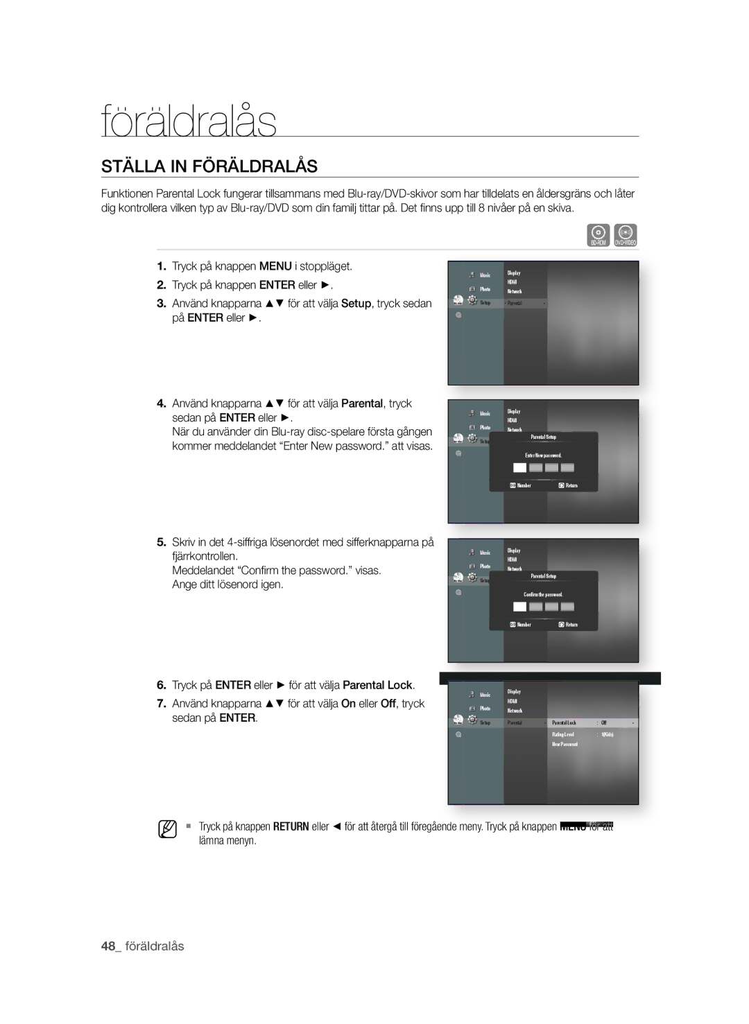 Samsung BD-P1650A/XEE, BD-P1600A/XEE manual Föräldralås, STÄLLa in FÖrÄLdraLåS,  föräldralås 