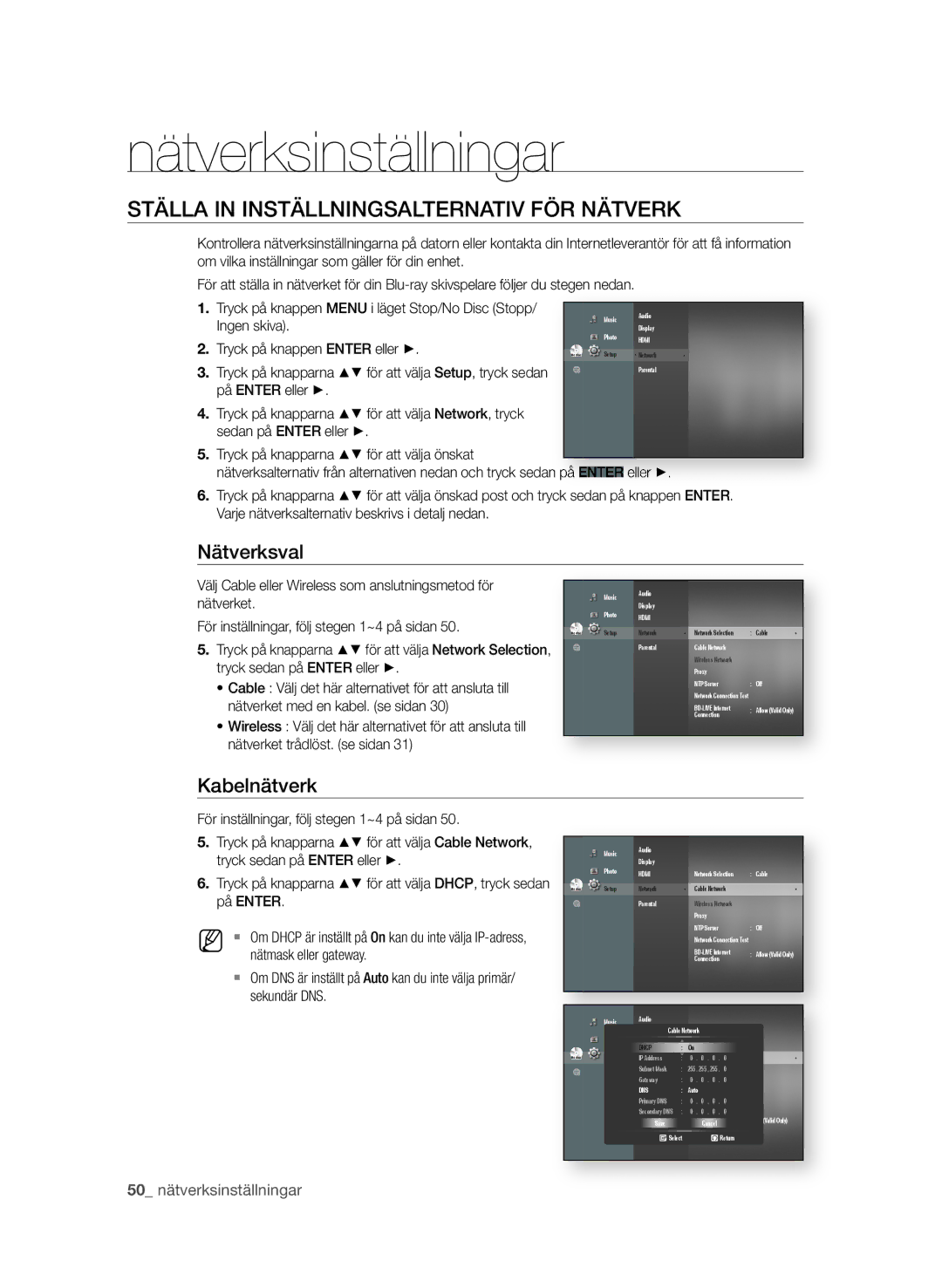 Samsung BD-P1650A/XEE, BD-P1600A/XEE manual Nätverksinställningar, STÄLLa in inSTÄLLningSaLTErnaTiV FÖr nÄTVErK, Nätverksval 