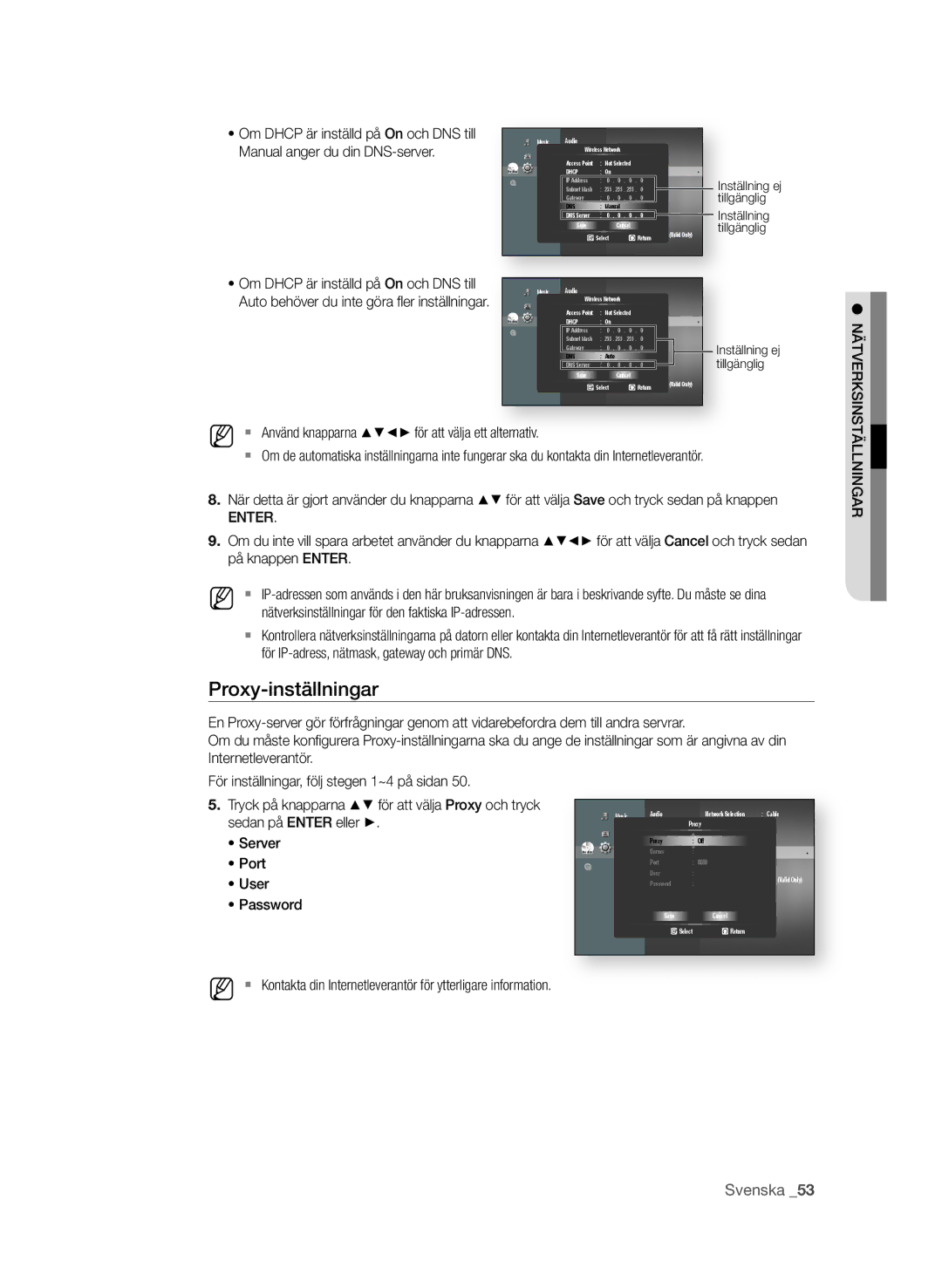 Samsung BD-P1600A/XEE, BD-P1650A/XEE manual Proxy-inställningar 