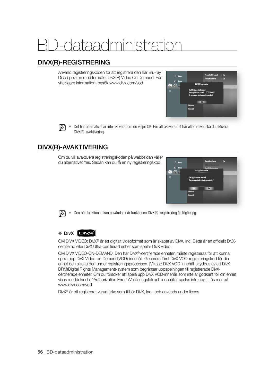 Samsung BD-P1650A/XEE, BD-P1600A/XEE manual DiVXr-rEgiSTrEring, DiVXr-aVaKTiVEring,  BD-dataadministration 