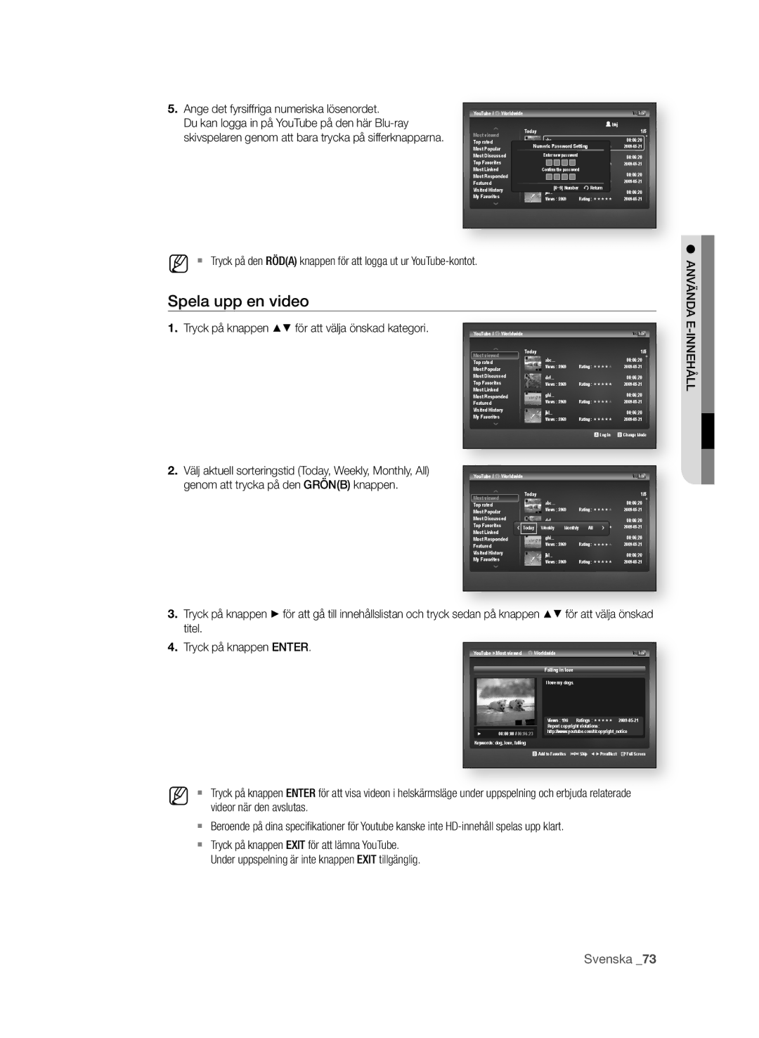 Samsung BD-P1600A/XEE, BD-P1650A/XEE manual Spela upp en video, . Ange det fyrsiffriga numeriska lösenordet, InnEhåLL 