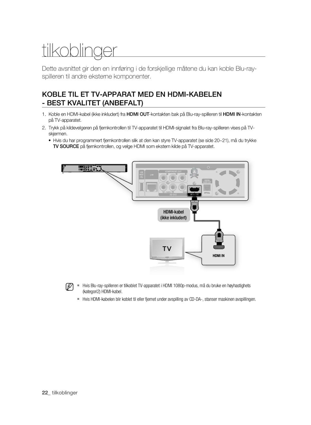 Samsung BD-P1650A/XEE, BD-P1600A/XEE manual Tilkoblinger, Kategori2 HDMI-kabel 