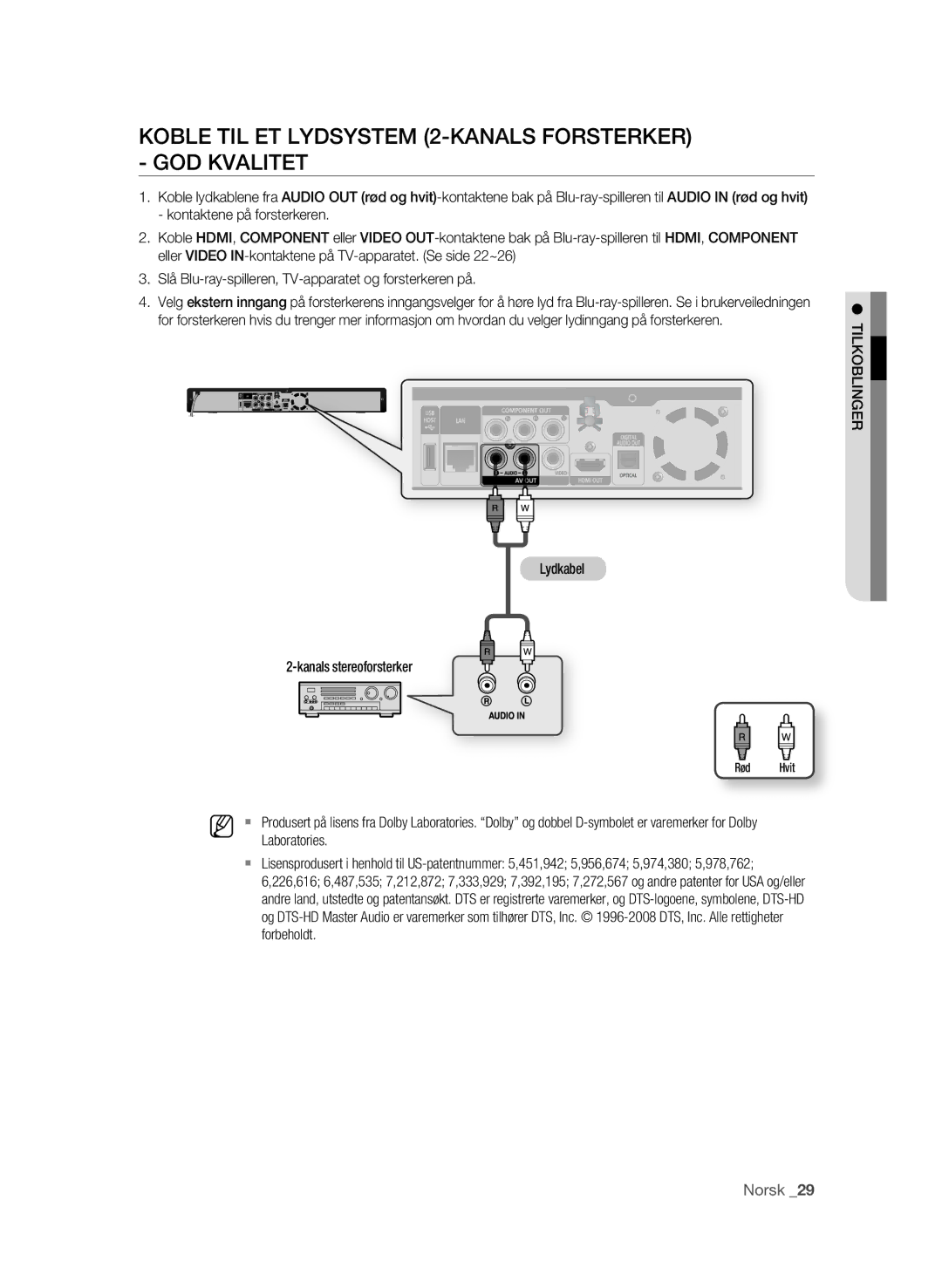 Samsung BD-P1600A/XEE manual Koble TIL ET Lydsystem 2-KANALS Forsterker GOD Kvalitet, Lydkabel Kanals stereoforsterker 