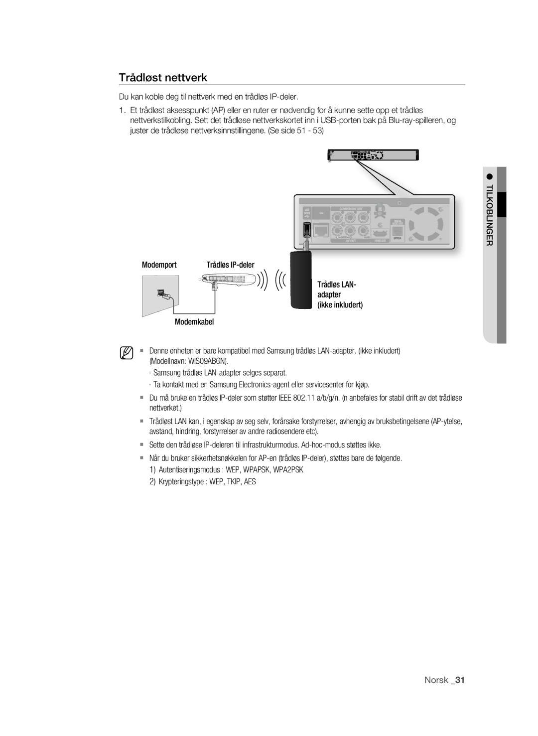 Samsung BD-P1600A/XEE, BD-P1650A/XEE manual Trådløst nettverk 