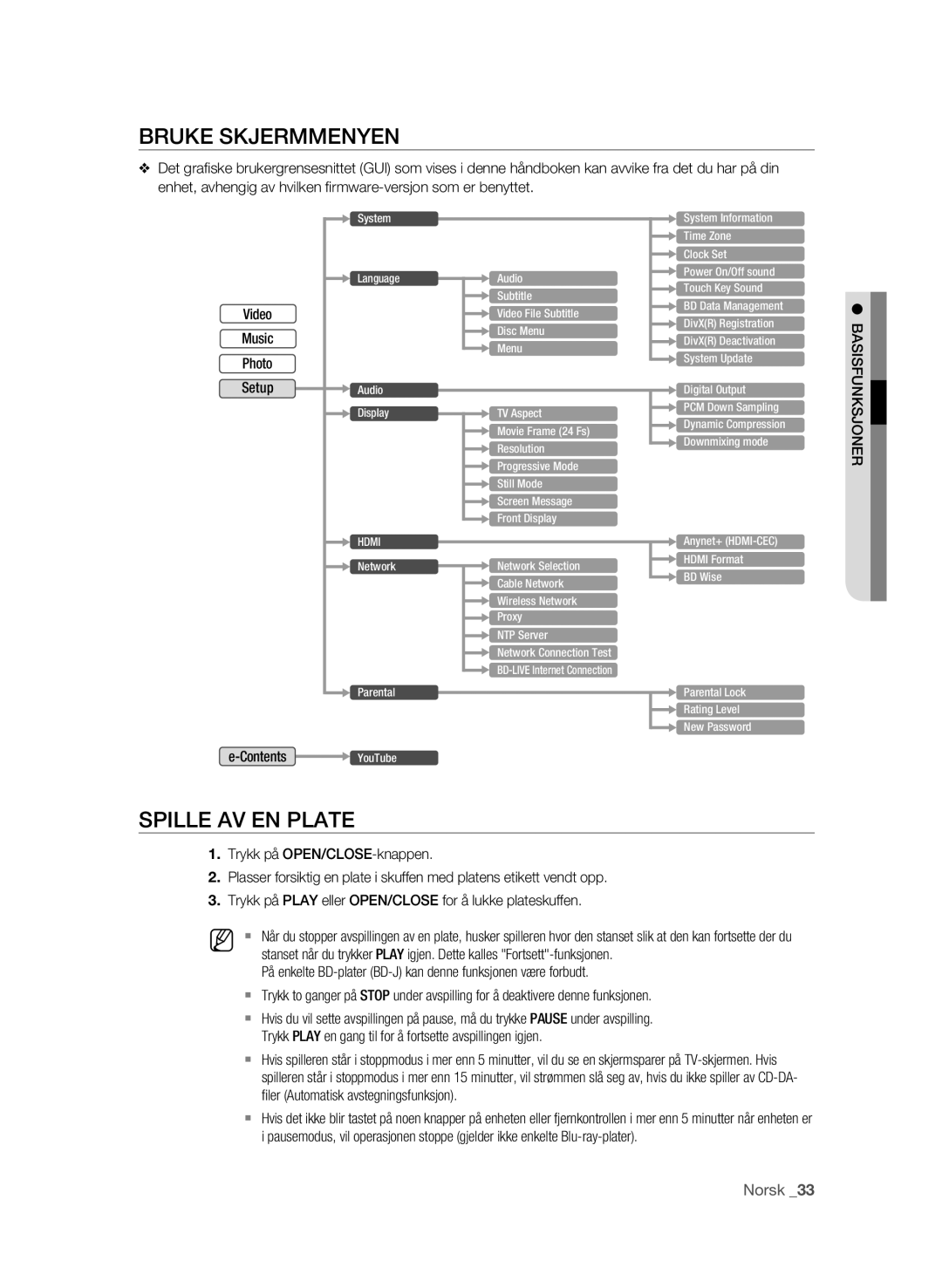 Samsung BD-P1600A/XEE, BD-P1650A/XEE manual Bruke Skjermmenyen, Spille AV EN Plate 