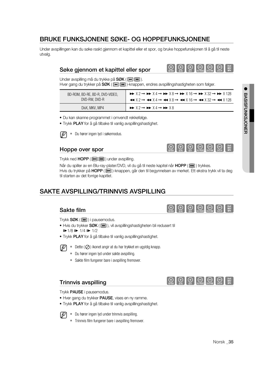 Samsung BD-P1600A/XEE, BD-P1650A/XEE Bruke Funksjonene SØKE- OG Hoppefunksjonene, Sakte AVSPILLING/TRINNVIS Avspilling 