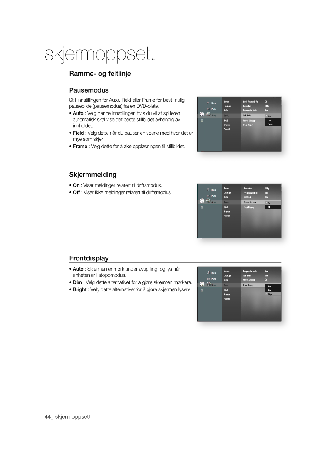 Samsung BD-P1650A/XEE, BD-P1600A/XEE manual Ramme- og feltlinje Pausemodus, Skjermmelding, Frontdisplay,  skjermoppsett 