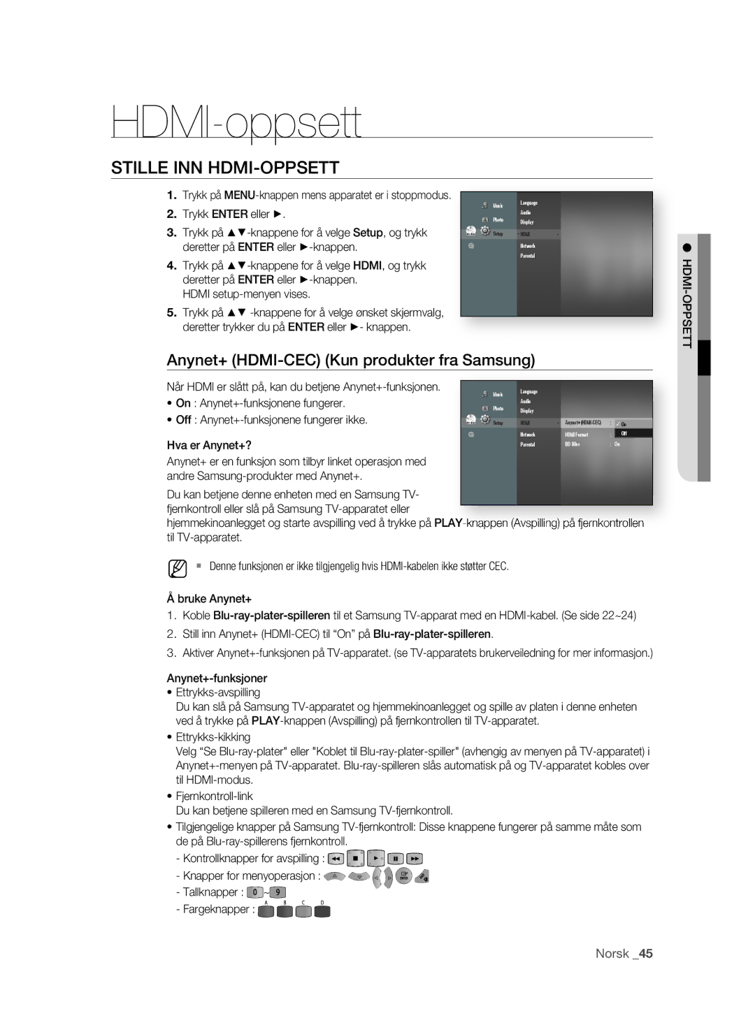 Samsung BD-P1600A/XEE manual HDMI-oppsett, Stille INN hDMI-OPPSETT, Anynet+ hDMI-CEC Kun produkter fra Samsung, Norsk  