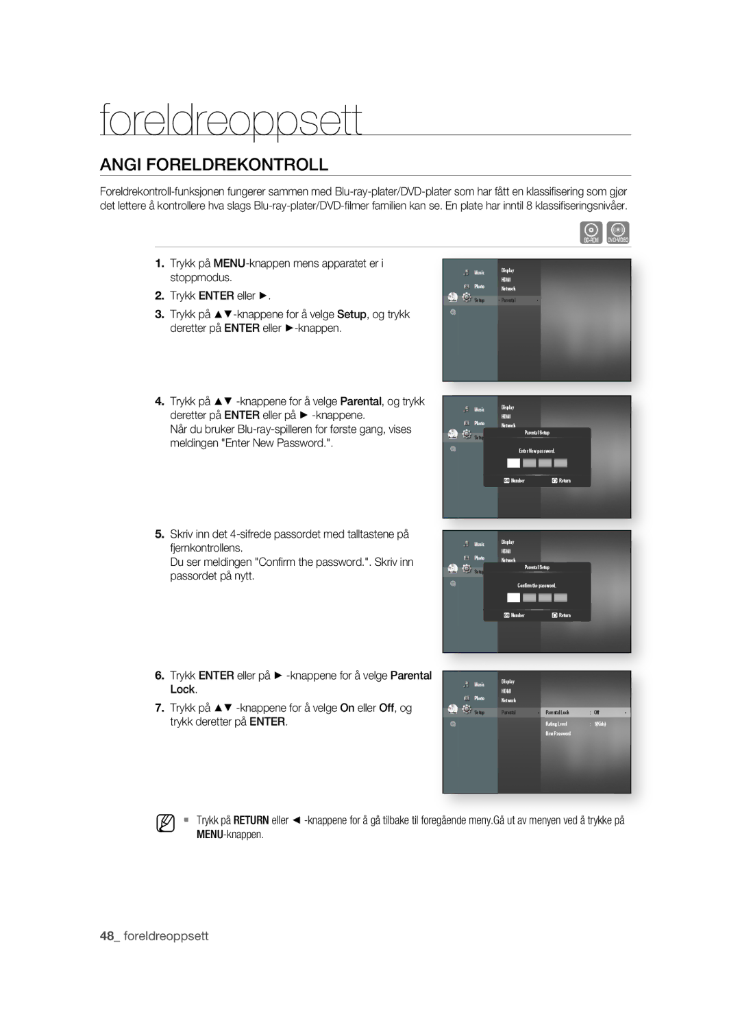 Samsung BD-P1650A/XEE manual Foreldreoppsett, Angi Foreldrekontroll,  foreldreoppsett, Lock, Trykk deretter på Enter 