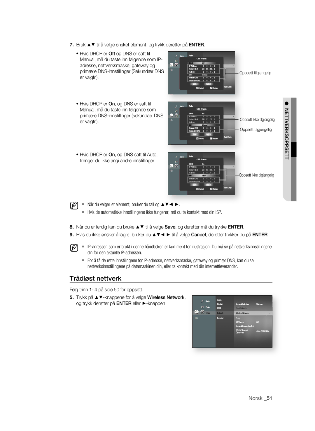 Samsung BD-P1600A/XEE, BD-P1650A/XEE manual Din for den aktuelle IP-adressen, Oppsett tilgjengelig 