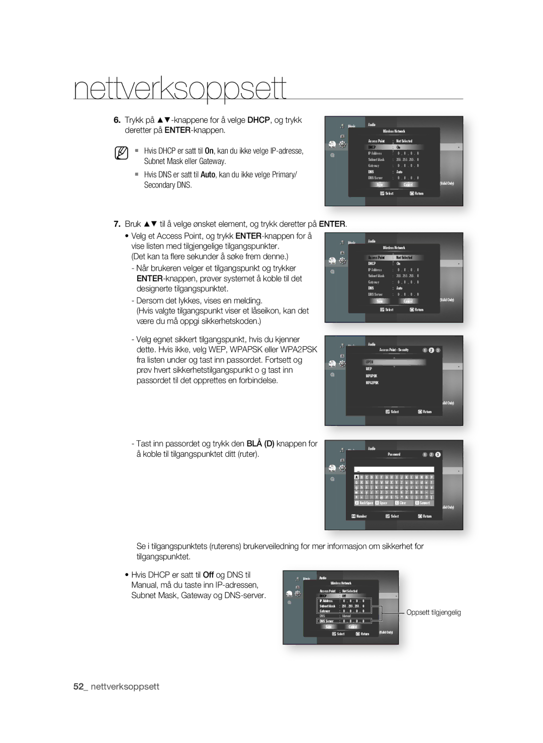 Samsung BD-P1650A/XEE, BD-P1600A/XEE manual 2 nettverksoppsett, Enter 