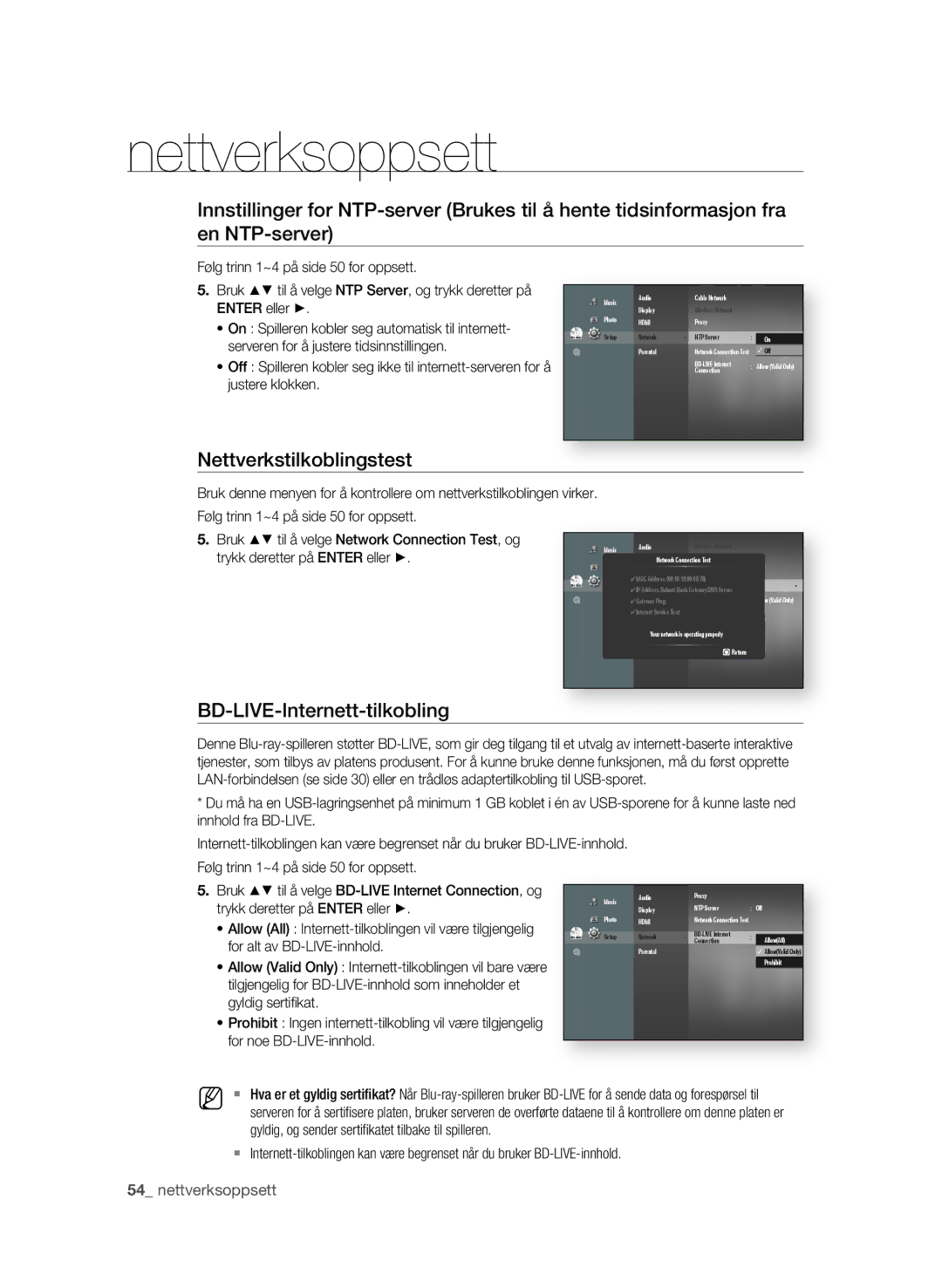 Samsung BD-P1650A/XEE, BD-P1600A/XEE manual Nettverkstilkoblingstest, BD-LIVE-Internett-tilkobling,  nettverksoppsett 