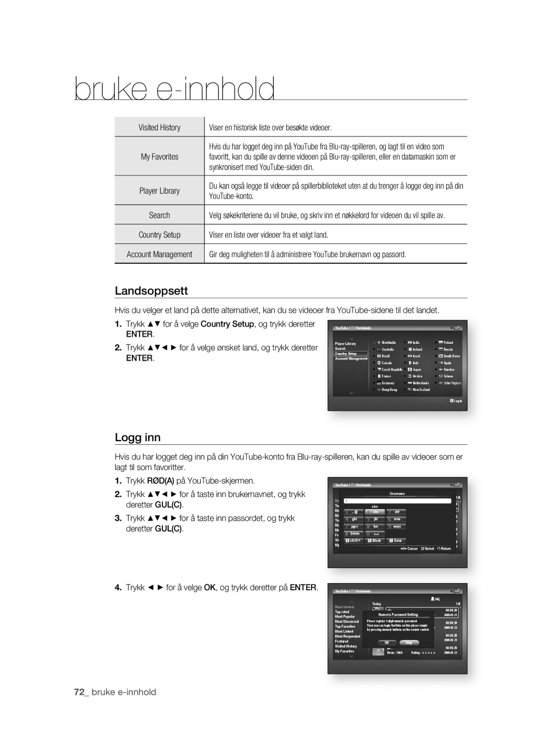 Samsung BD-P1650A/XEE, BD-P1600A/XEE manual Landsoppsett, Logg inn, 2 bruke e-innhold 