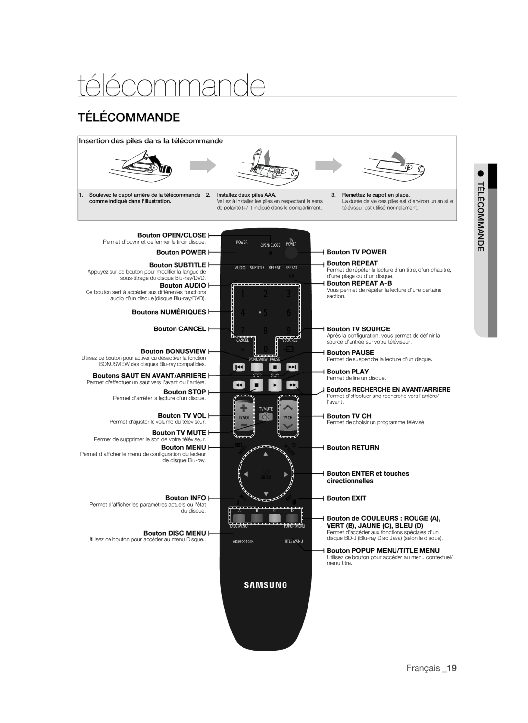 Samsung BD-P1600/XEF, BD-P1650/XEF manual Télécommande, Edn ocmmaél té, Insertion des piles dans la télécommande 