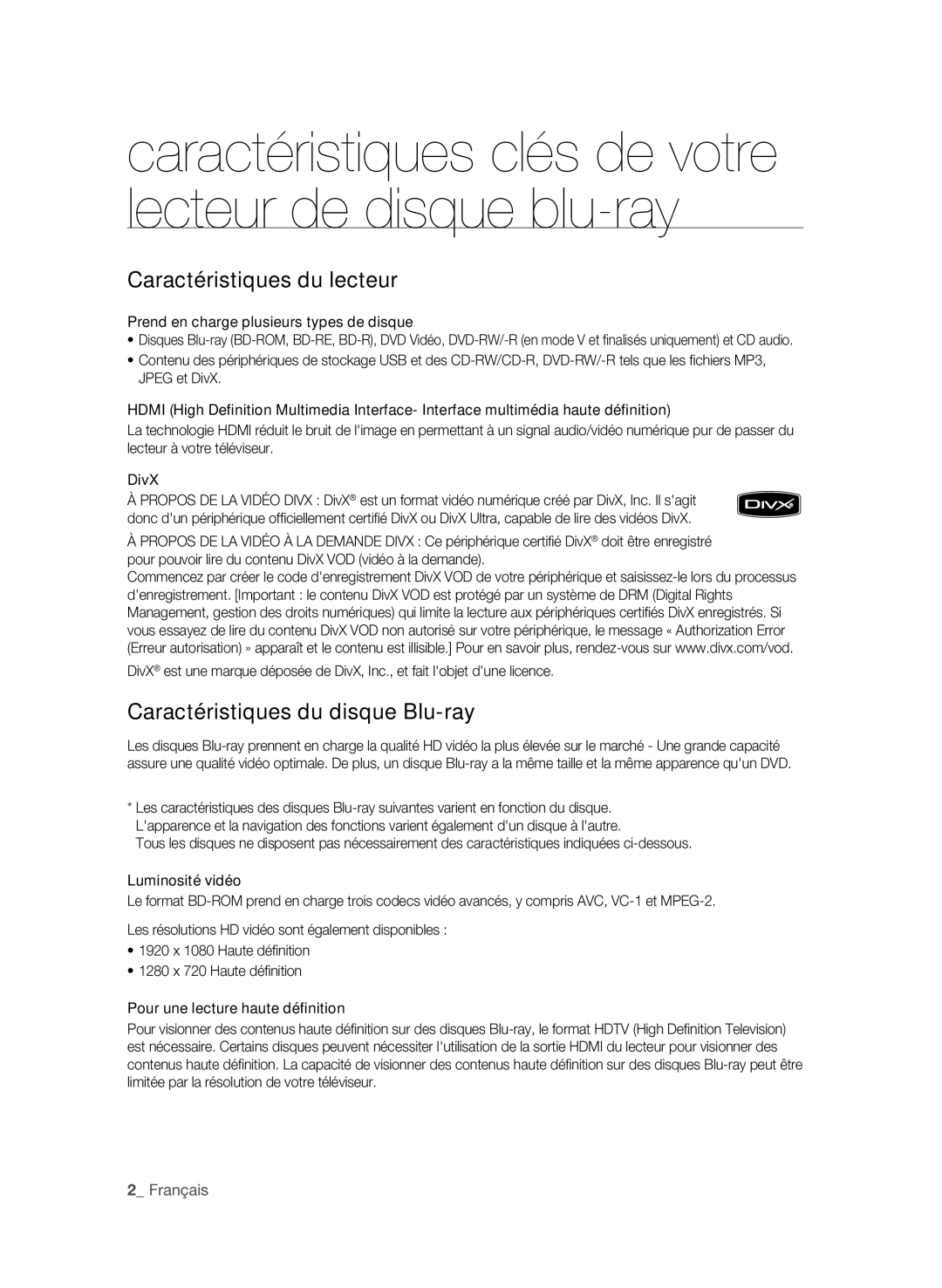 Samsung BD-P1650/XEF, BD-P1600/XEF manual Caractéristiques du lecteur, Caractéristiques du disque Blu-ray 