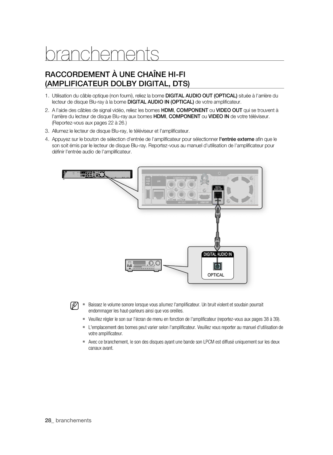 Samsung BD-P1650/XEF, BD-P1600/XEF Endommager les haut-parleurs ainsi que vos oreilles, Votre amplificateur, Canaux avant 