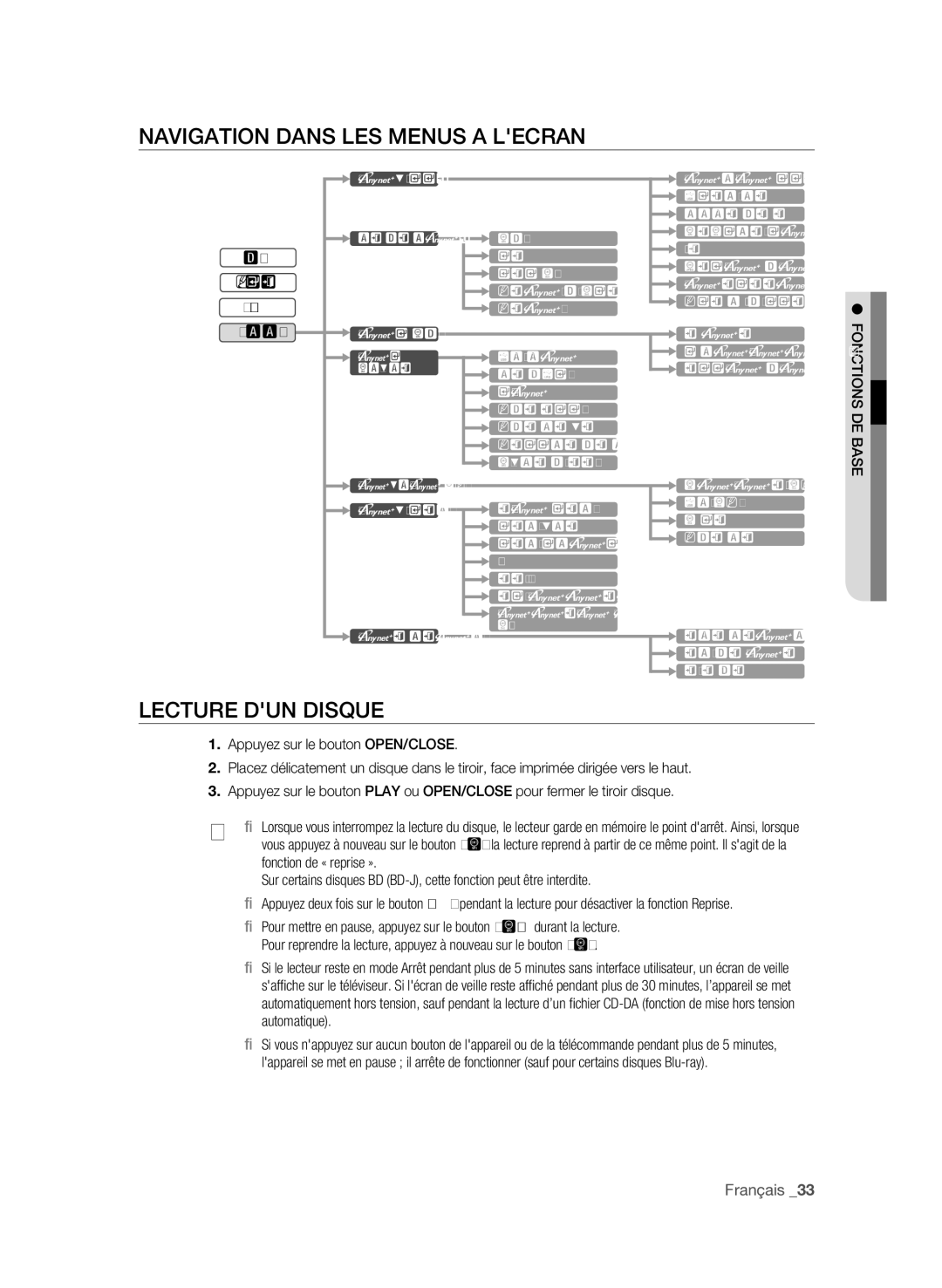 Samsung BD-P1600/XEF Navigation Dans LES Menus a Lecran, Lecture DUN Disque, Ebasd s i tonc fon, Fonction de « reprise » 