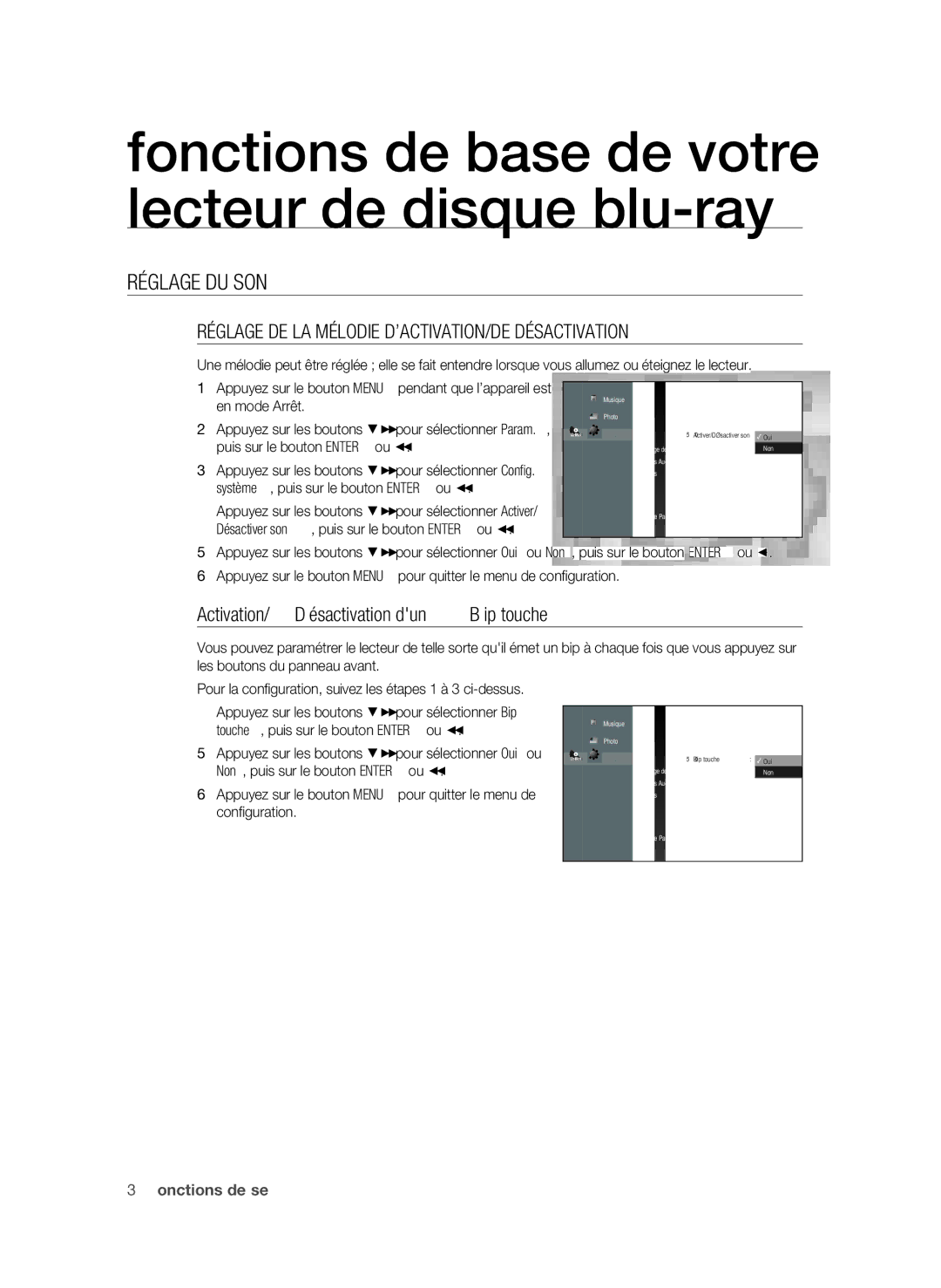 Samsung BD-P1650/XEF, BD-P1600/XEF manual RégLAge DU Son, RégLAge De LA MéLoDIe D’ACtIVAtIon/De DéSACtIVAtIon 