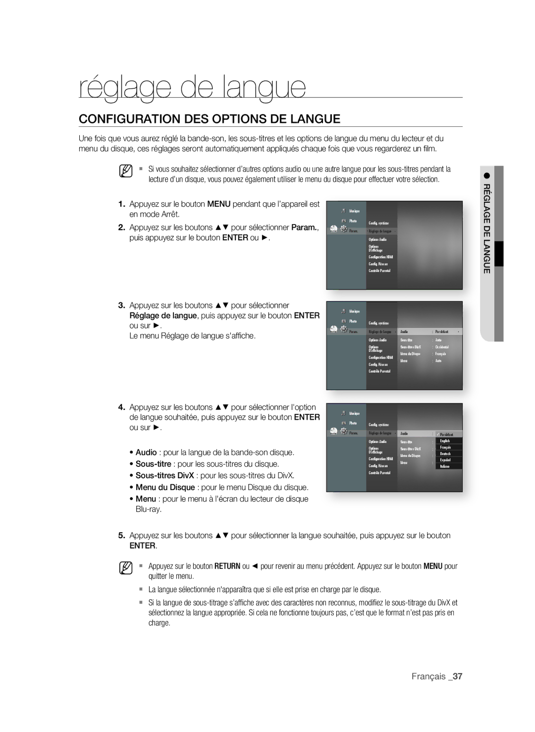 Samsung BD-P1600/XEF, BD-P1650/XEF manual Réglage de langue, ConfIgURAtIon DeS oPtIonS De LAngUe 