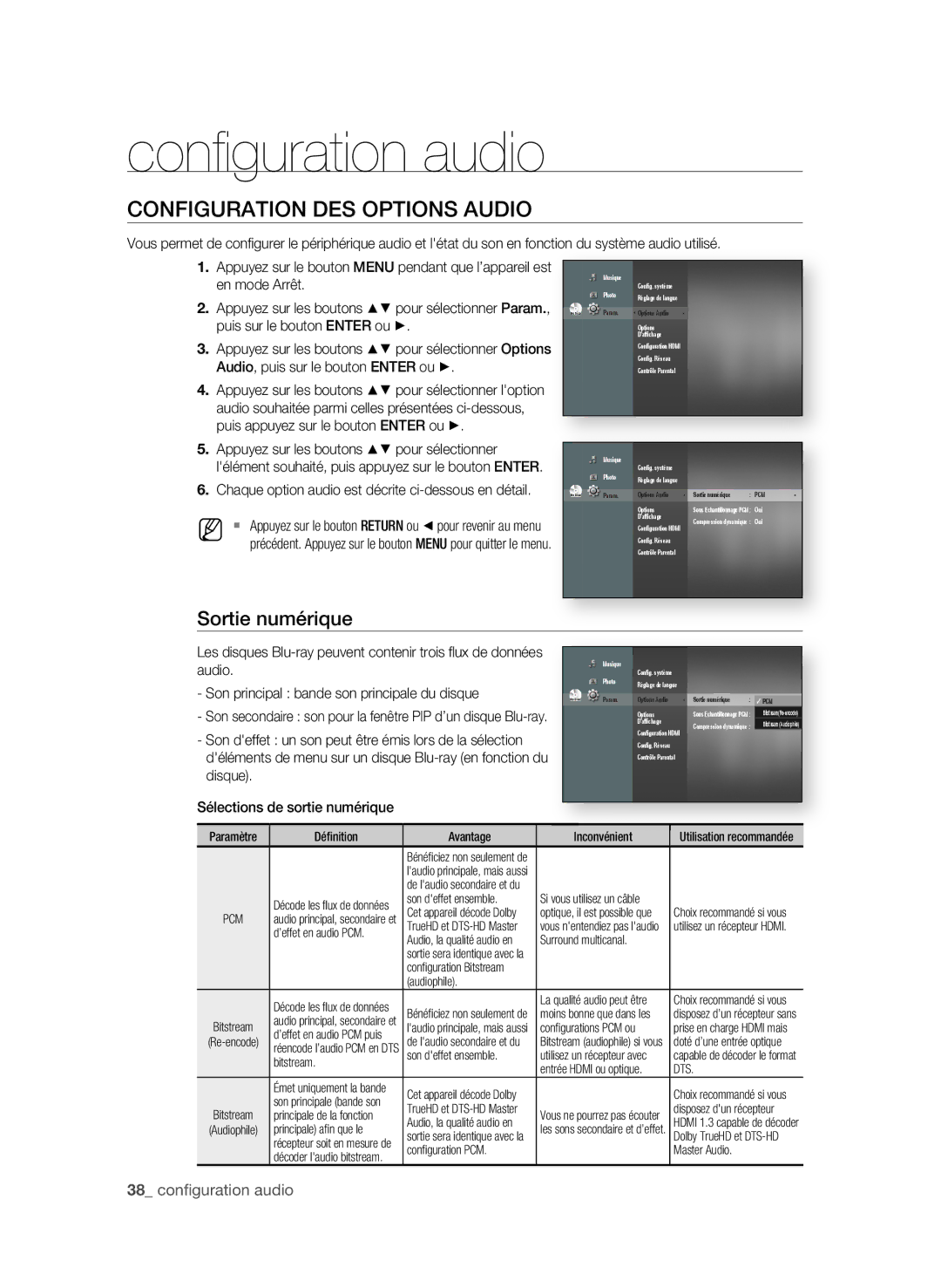 Samsung BD-P1650/XEF, BD-P1600/XEF manual Conﬁ guration audio, ConfIgURAtIon DeS oPtIonS AUDIo, Sortie numérique, Audio 