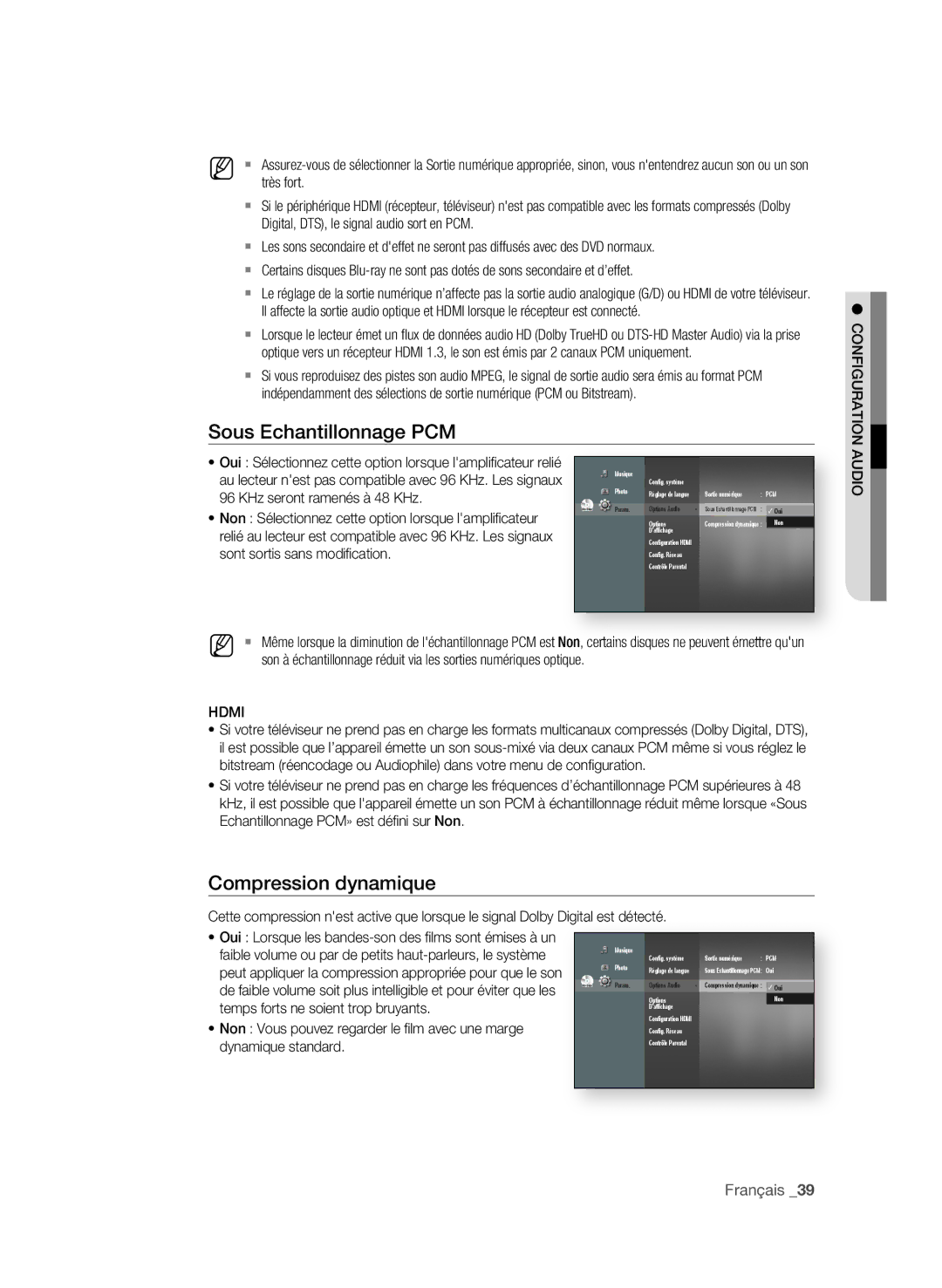 Samsung BD-P1600/XEF, BD-P1650/XEF manual Sous echantillonnage PCM, Compression dynamique 