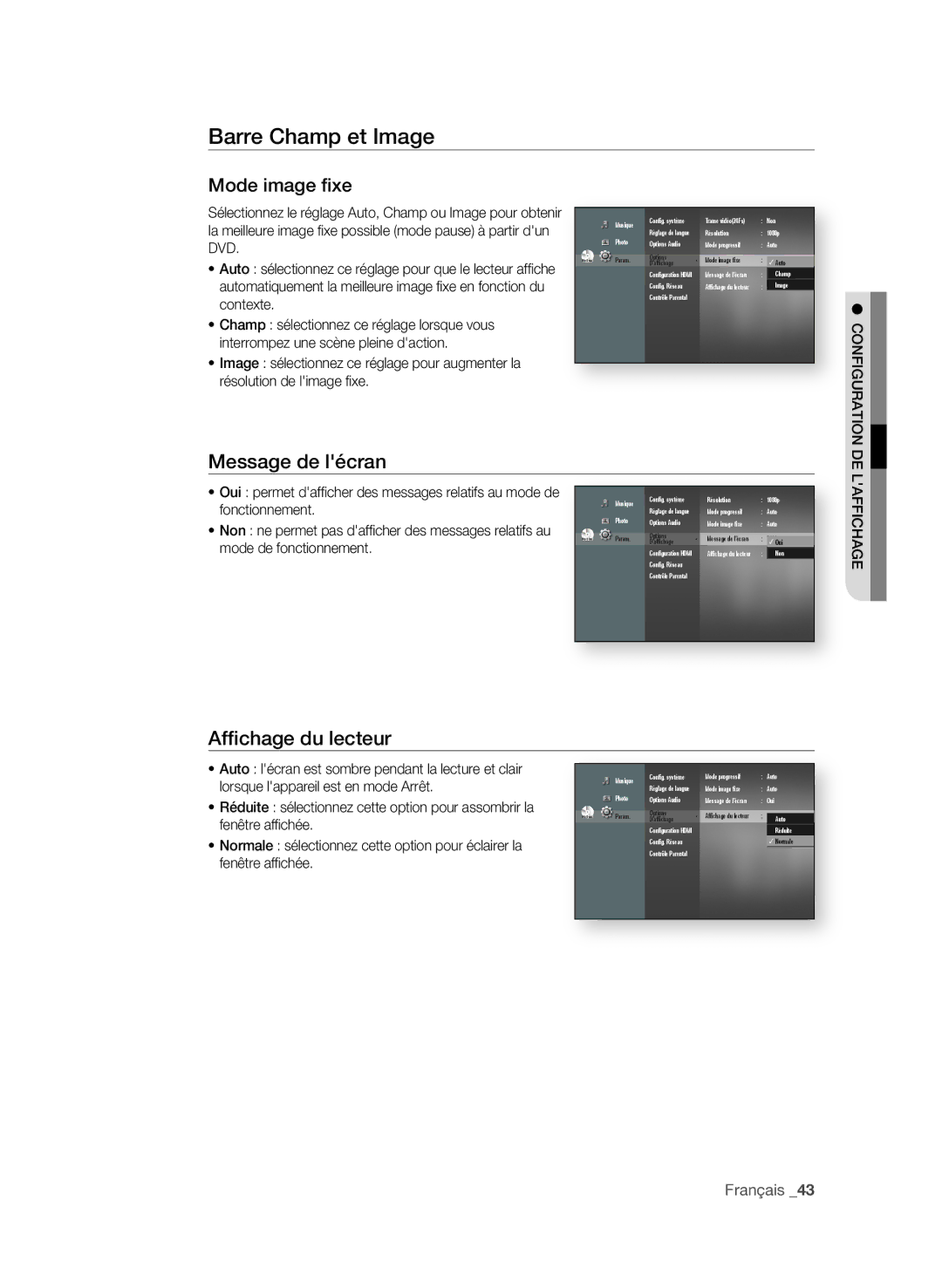 Samsung BD-P1600/XEF, BD-P1650/XEF manual Barre Champ et Image, Mode image fixe, Message de lécran, Affichage du lecteur 
