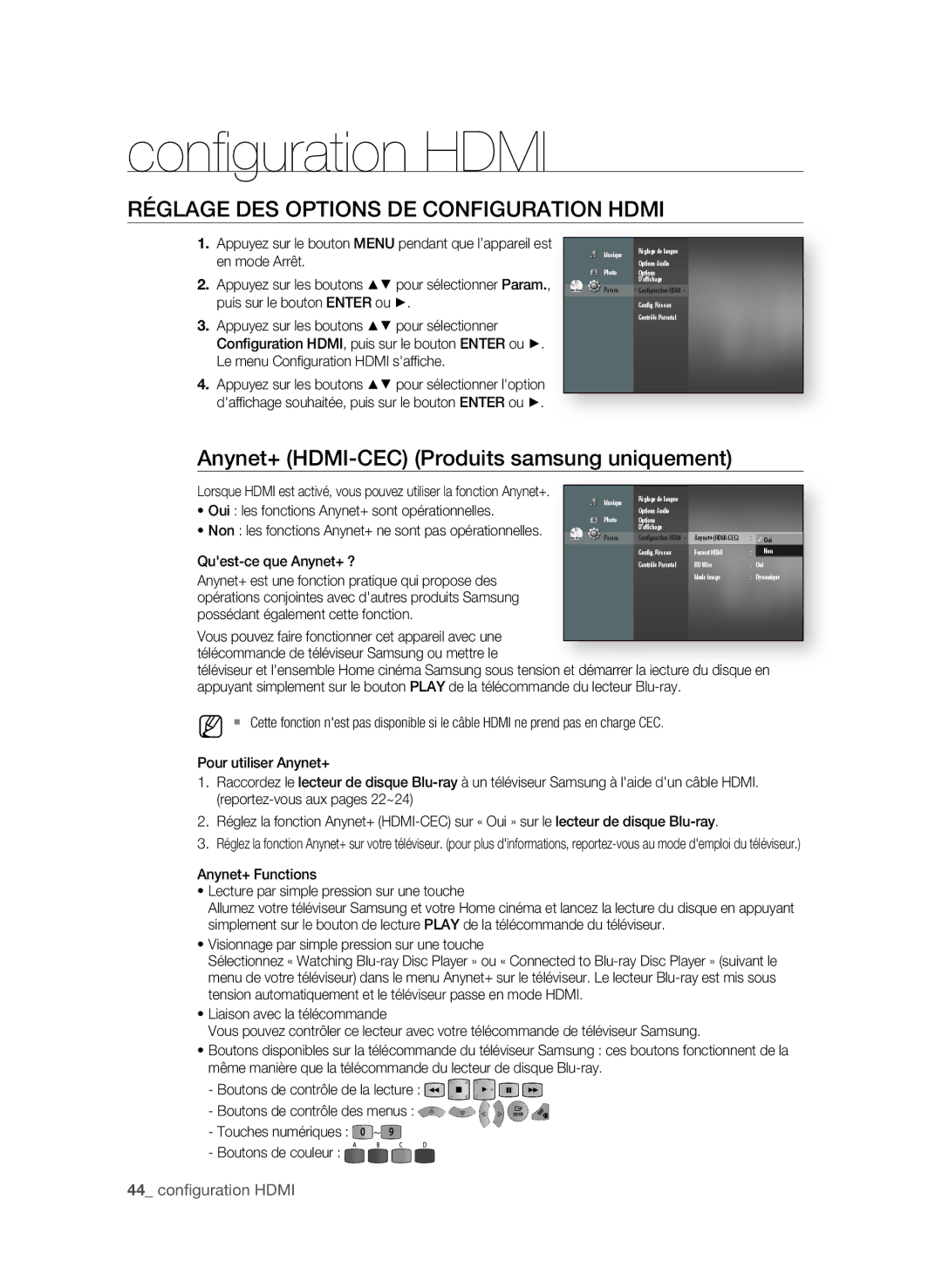 Samsung BD-P1650/XEF, BD-P1600/XEF manual Conﬁ guration Hdmi, RégLAge DeS oPtIonS De ConfIgURAtIon Hdmi 