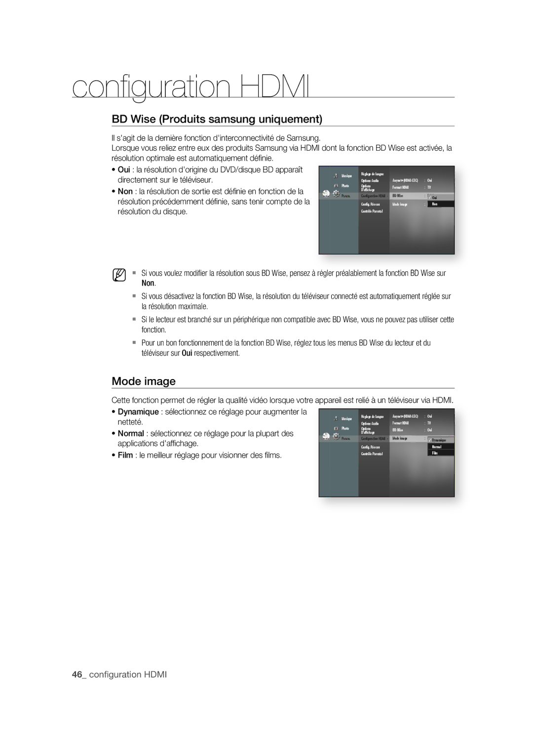 Samsung BD-P1650/XEF, BD-P1600/XEF manual BD Wise Produits samsung uniquement, Mode image 