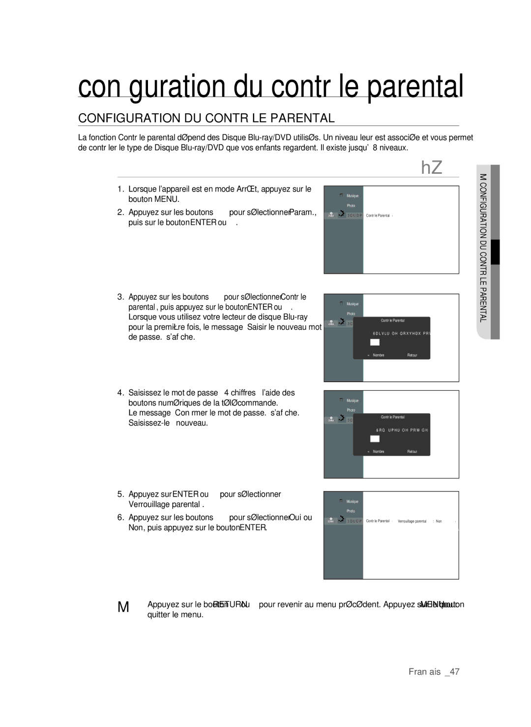 Samsung BD-P1600/XEF, BD-P1650/XEF manual Conﬁ guration du contrôle parental, ConfIgURAtIon DU ContRÔLe PARentAL 