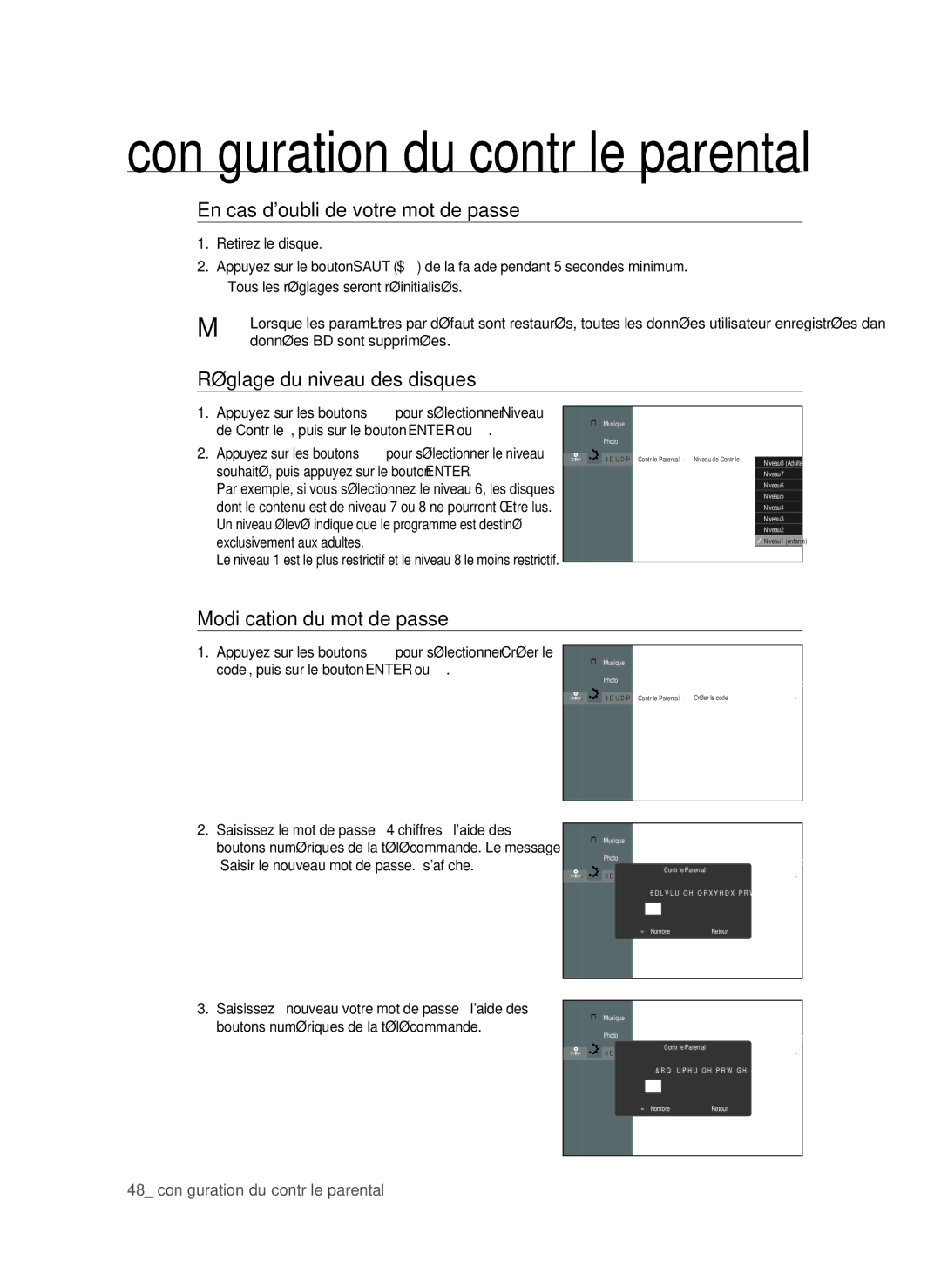 Samsung BD-P1650/XEF, BD-P1600/XEF manual En cas doubli de votre mot de passe, Modification du mot de passe 