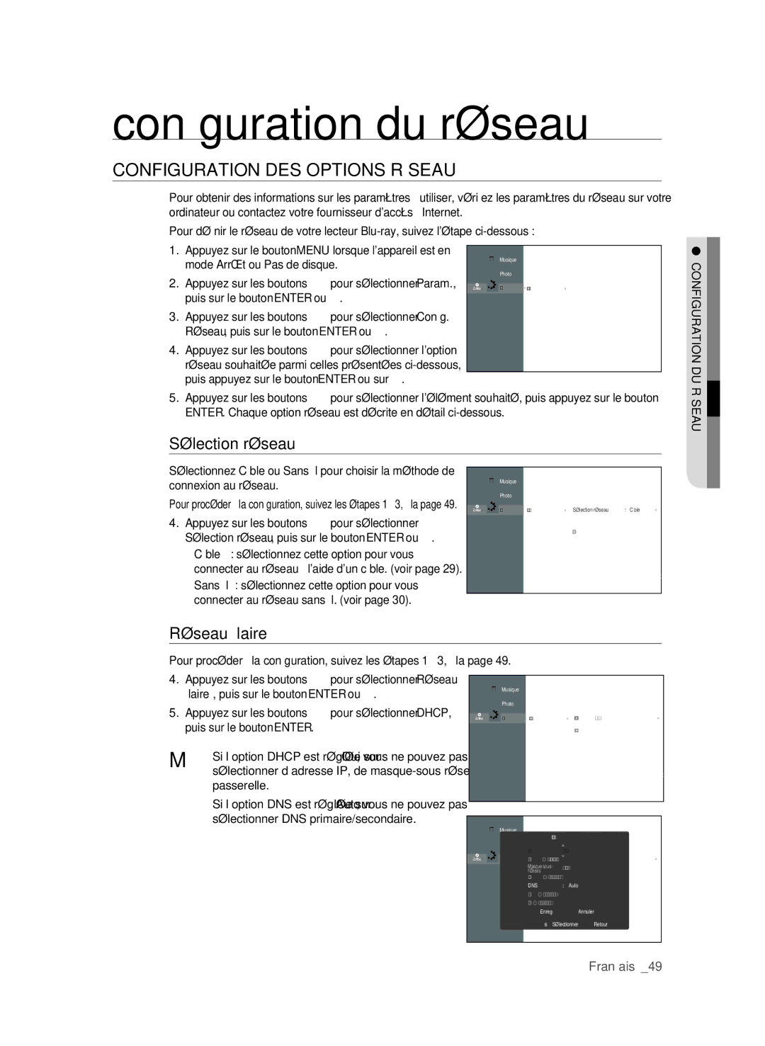 Samsung BD-P1600/XEF manual Conﬁ guration du réseau, ConfIgURAtIon DeS oPtIonS RéSeAU, Sélection réseau, Réseau filaire 