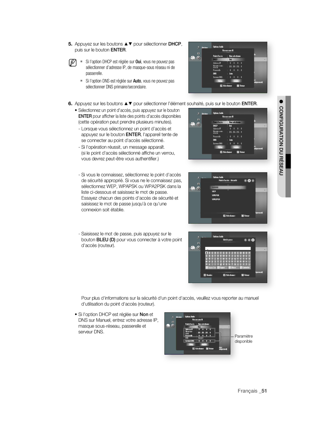 Samsung BD-P1600/XEF, BD-P1650/XEF manual Puis sur le bouton enteR, Passerelle, Si lopération réussit, un message apparaît 