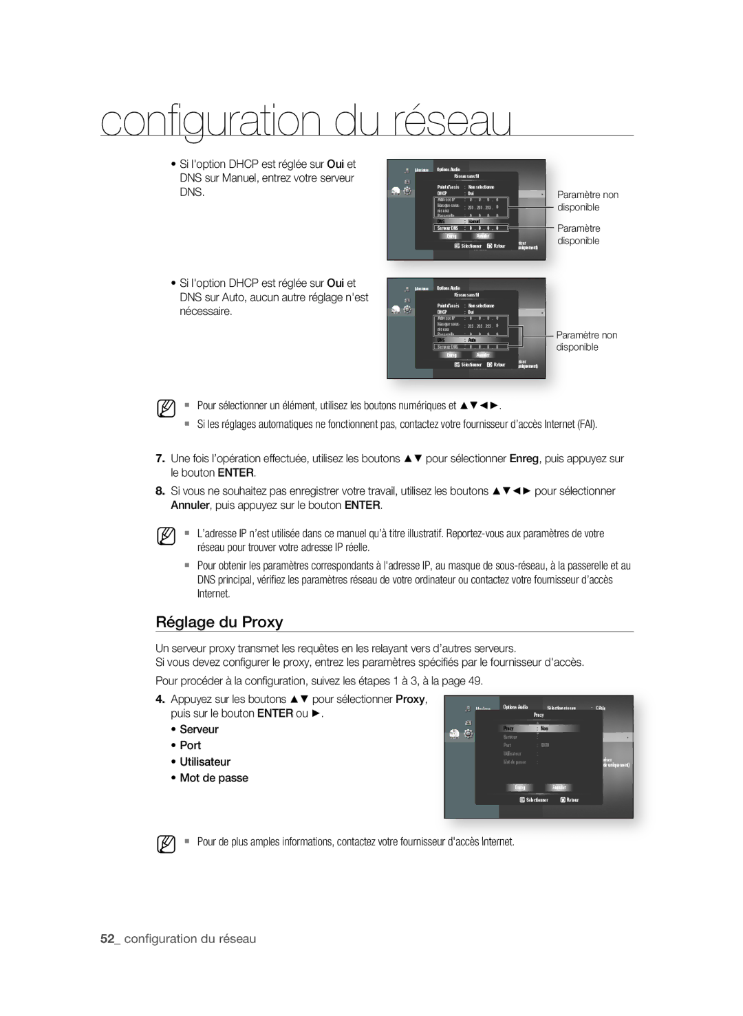 Samsung BD-P1650/XEF, BD-P1600/XEF manual Réglage du Proxy, Serveur Port, Utilisateur Mot de passe 